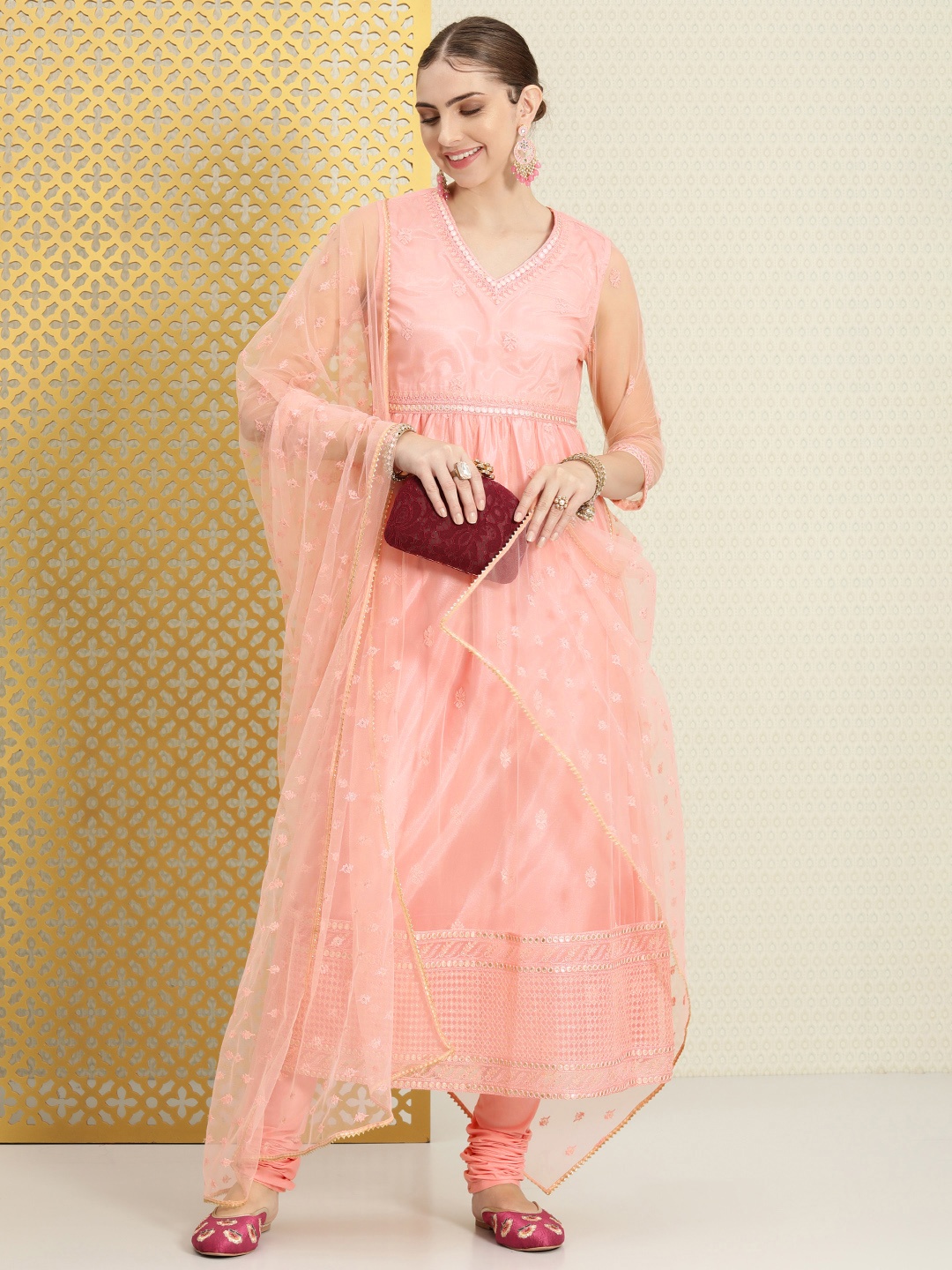 

House of Pataudi Women Jashn Embroidered Sequinned Anarkali Kurta &Churidar With Dupatta, Pink