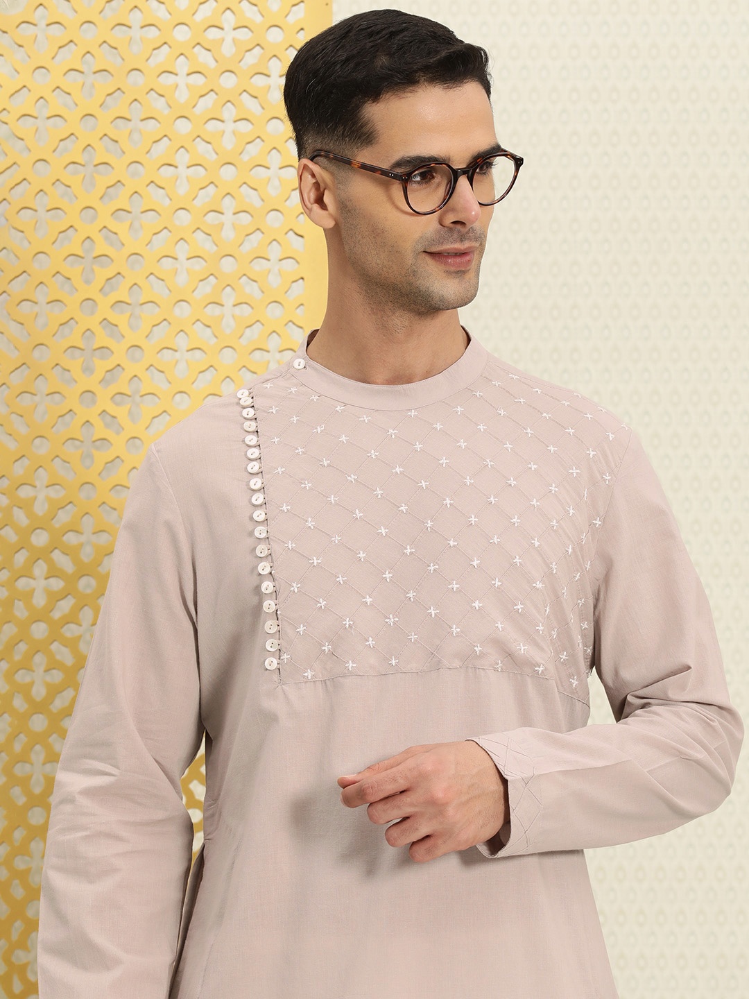House of Pataudi Men Pure Cotton Yoke Design Thread Work Jashn Kurta, Taupe