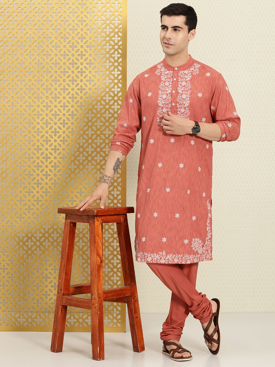 

House of Pataudi Men Ethnic Motifs Embroidered Thread Work Jashn Kurta with Churidar, Coral