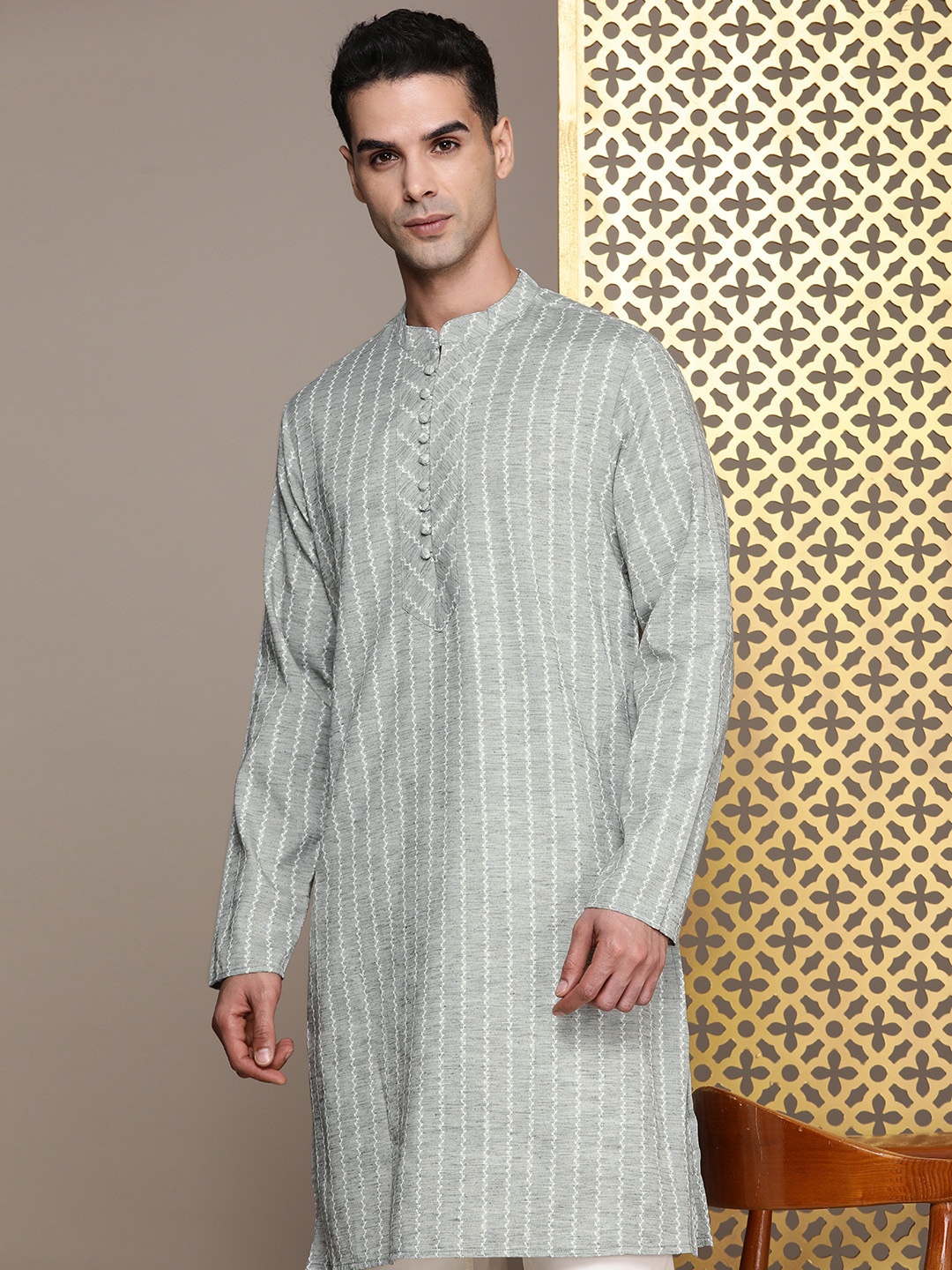 

House of Pataudi Woven Design Mandarin Collar Rozana Kurta, Green