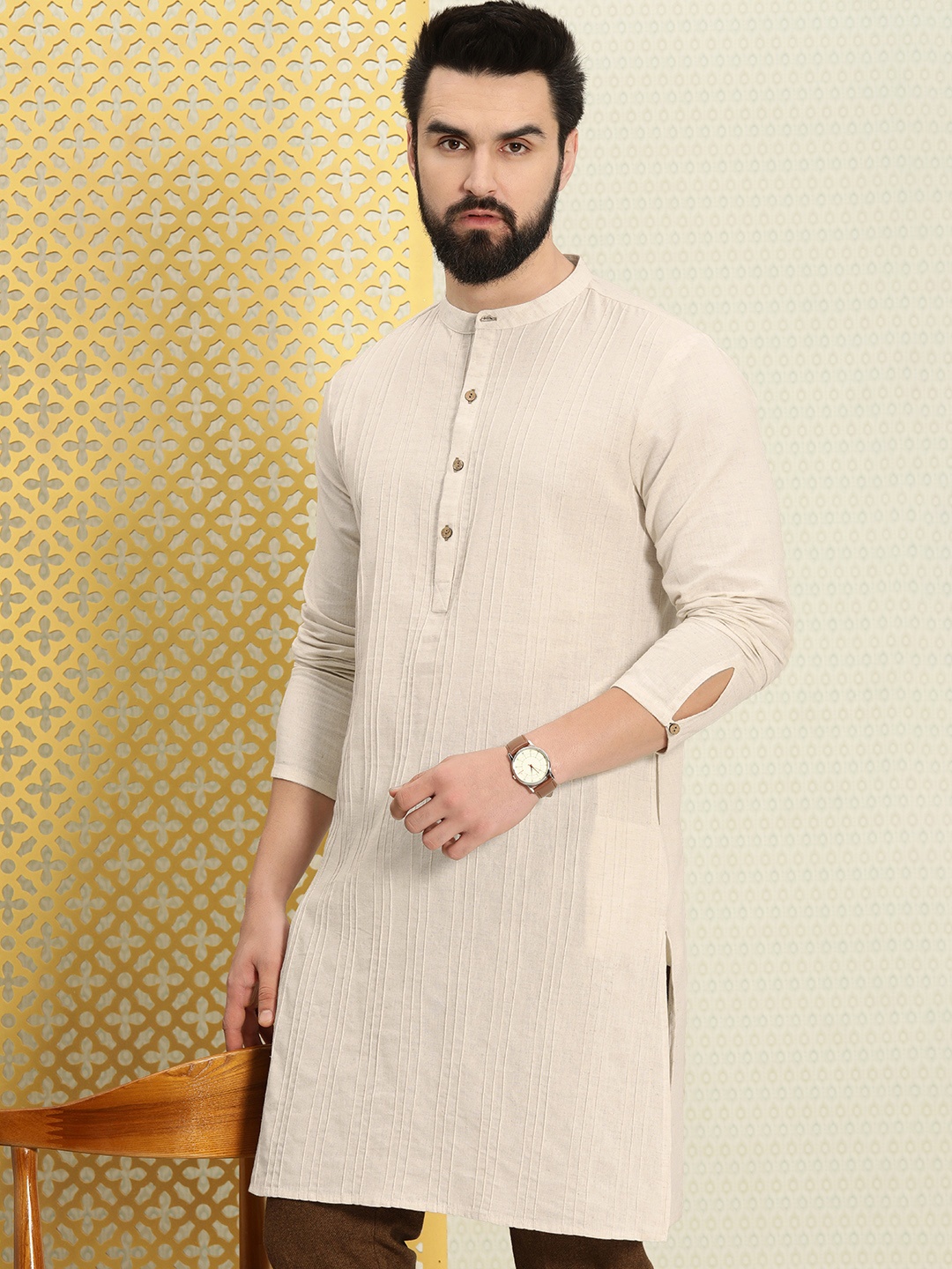 

House of Pataudi Men Self Striped Band Collar Jashn Kurta, Off white