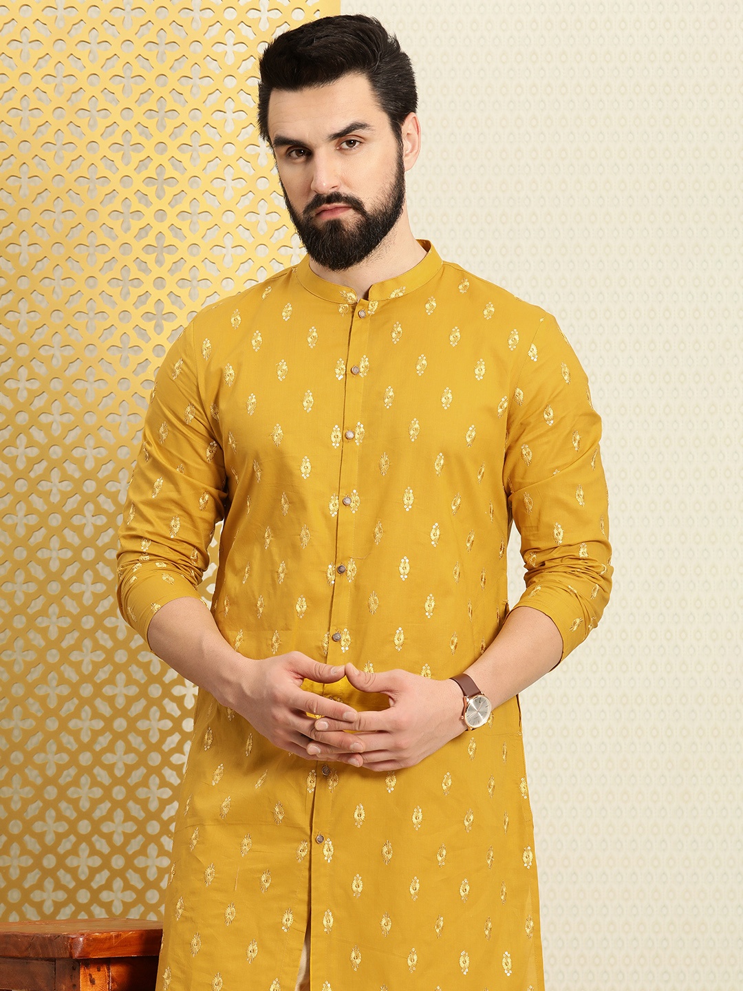 

House of Pataudi Jashn Mandarin Collar Sequinned Pure Cotton Straight Kurta, Mustard