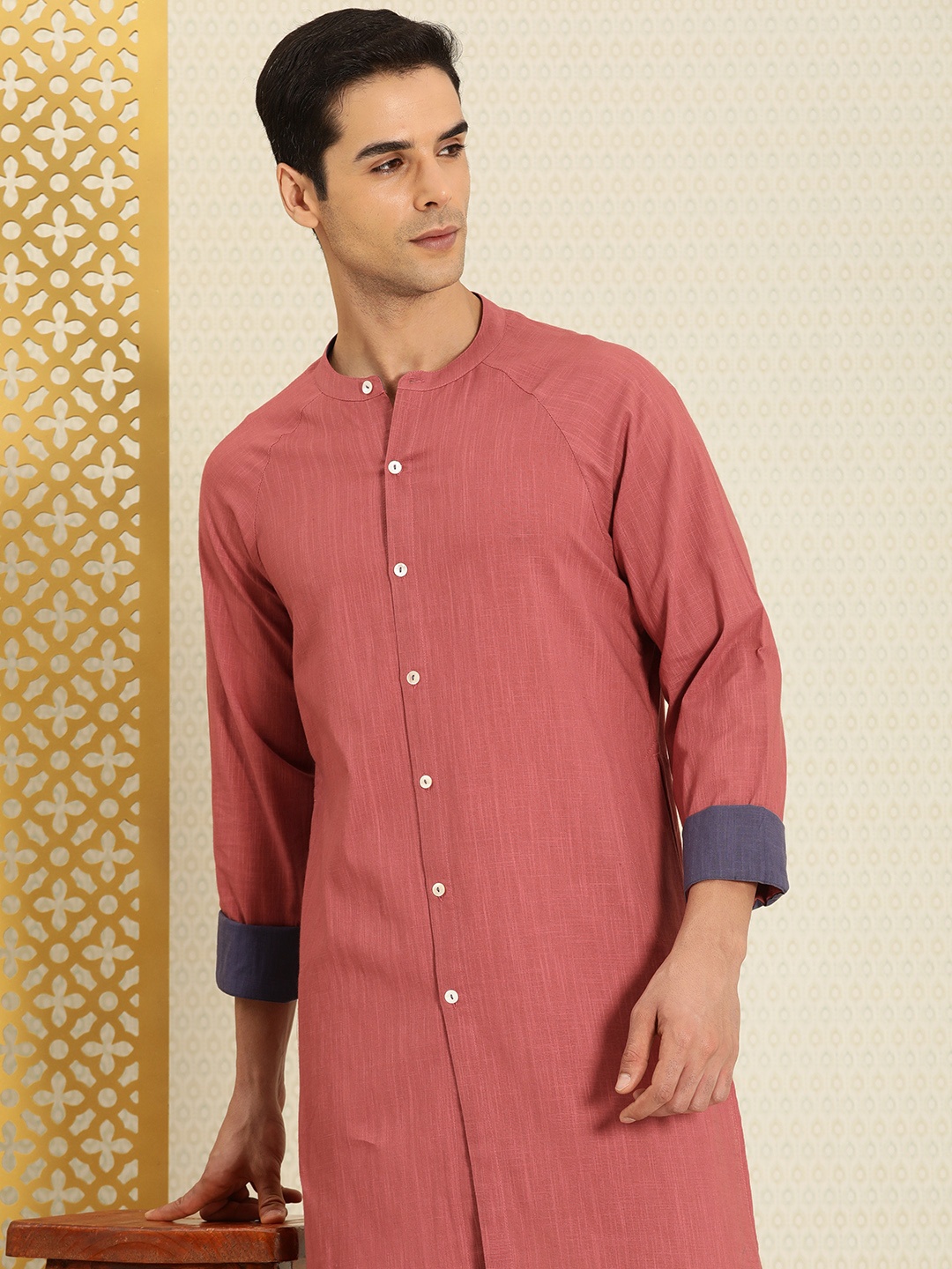 

House of Pataudi Solid Band Collar Rozana Kurta, Rust