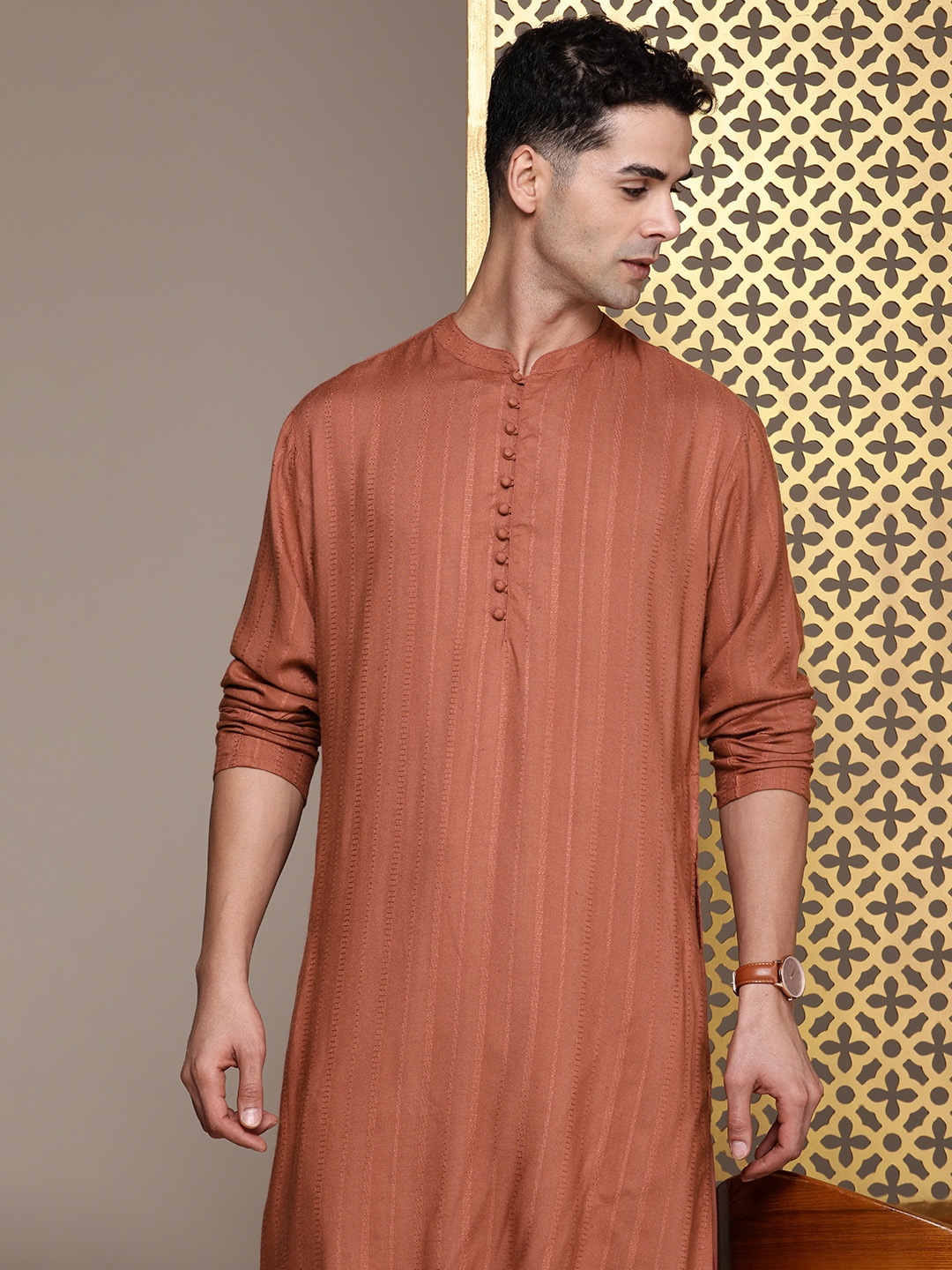 

House of Pataudi Self Design Textured Regular Jashn Kurta With Salwar, Brown