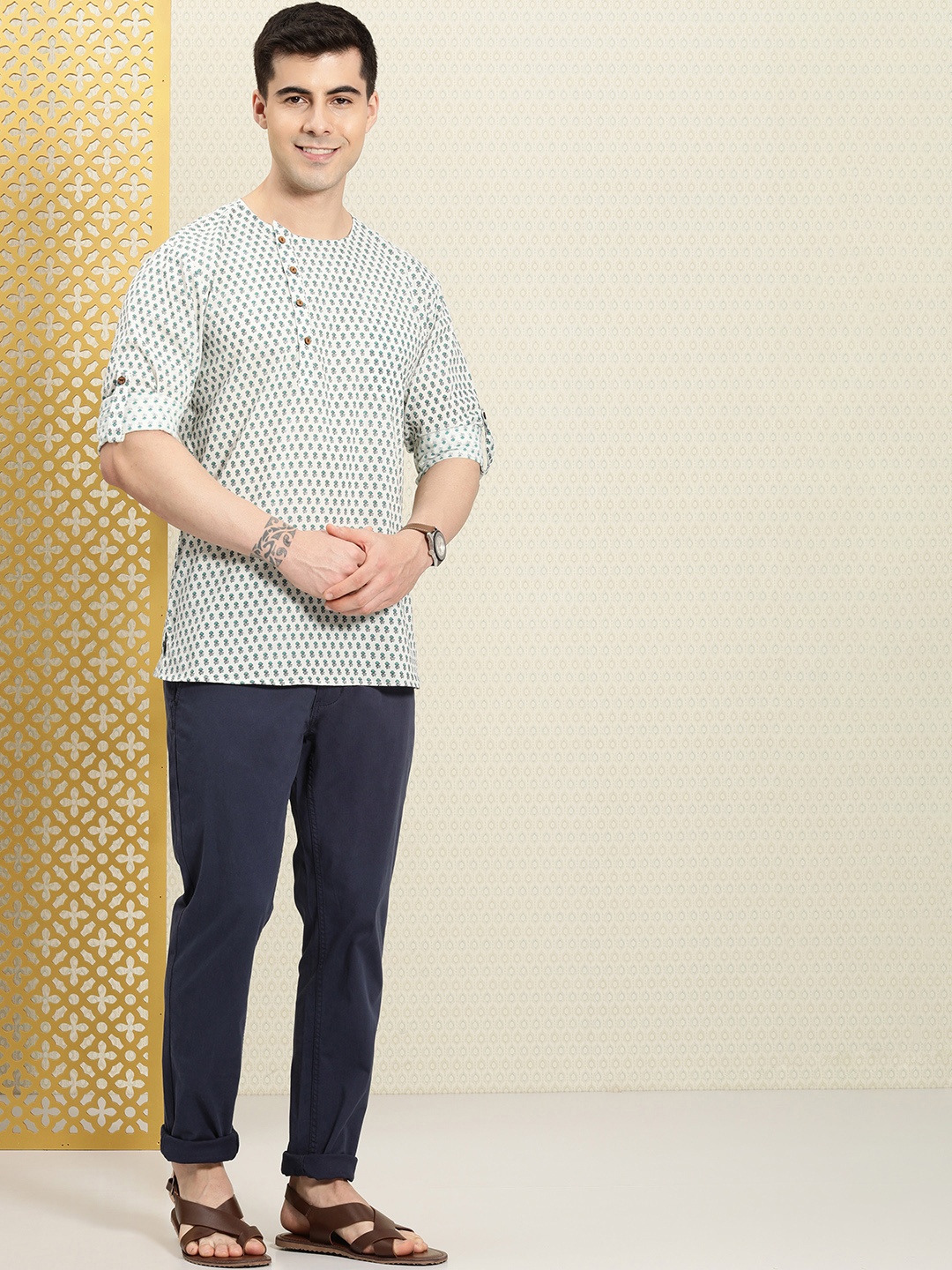 

House of Pataudi Men Floral Printed Pure Cotton Rozana Kurta, White