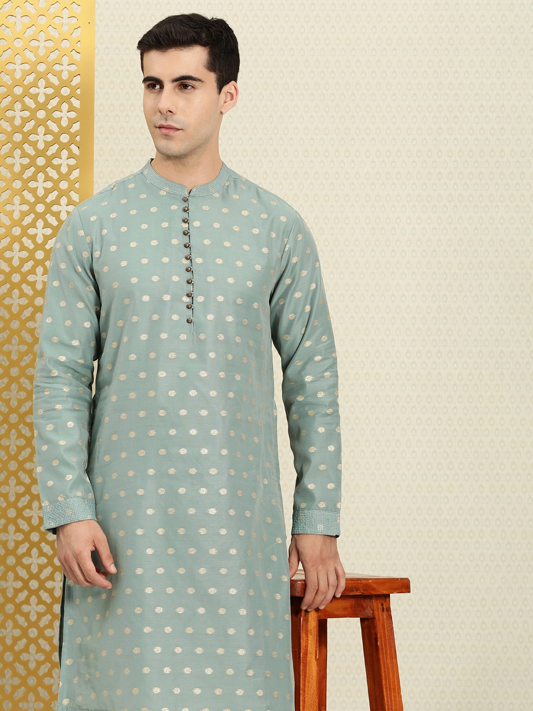 

House of Pataudi Men Woven Design Mandarin Collar Rozana Kurta, Blue