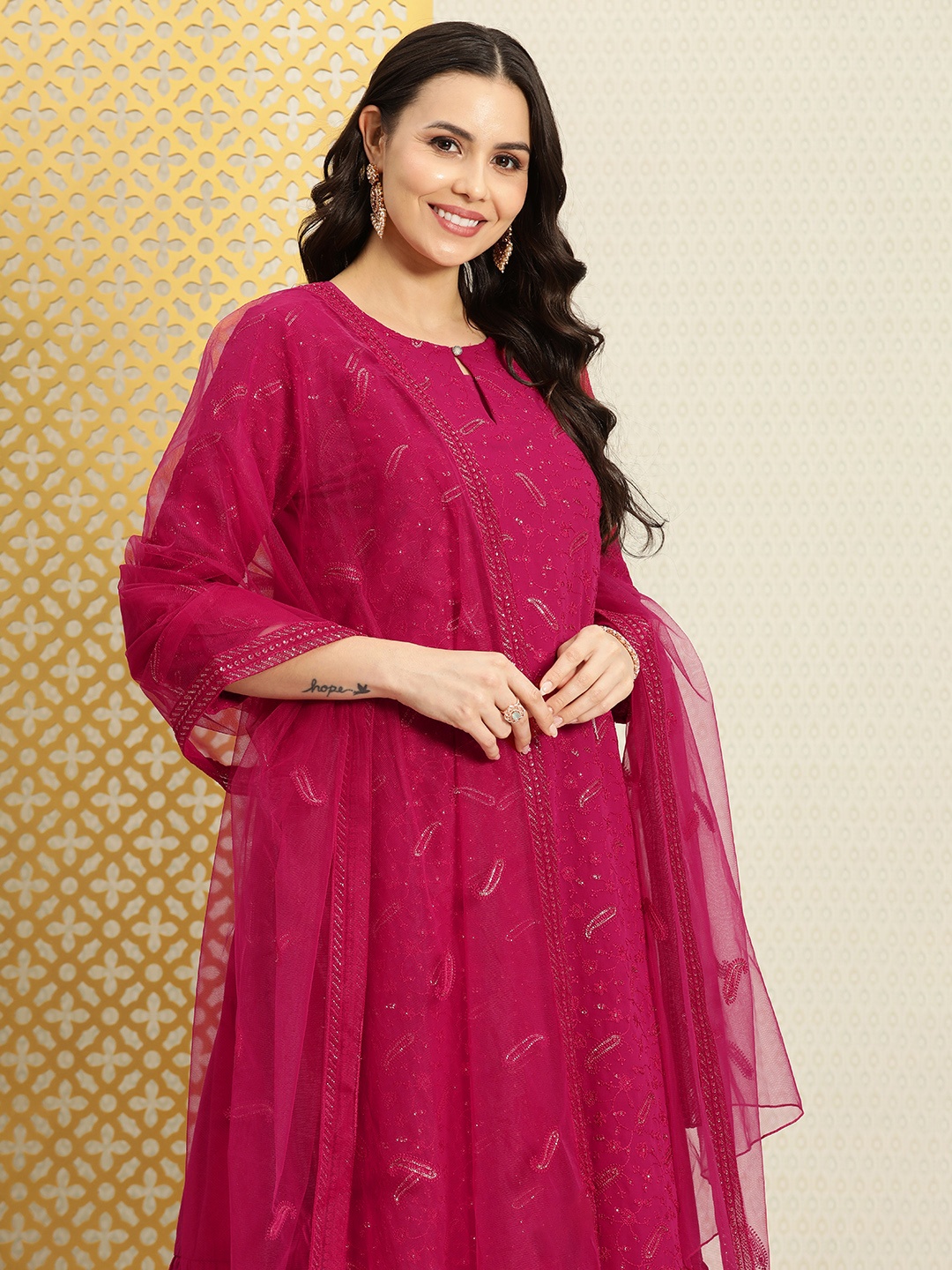 

House of Pataudi Women Embroidered Sequinned Jashn Kurta with Churidar & Dupatta Set, Fuchsia