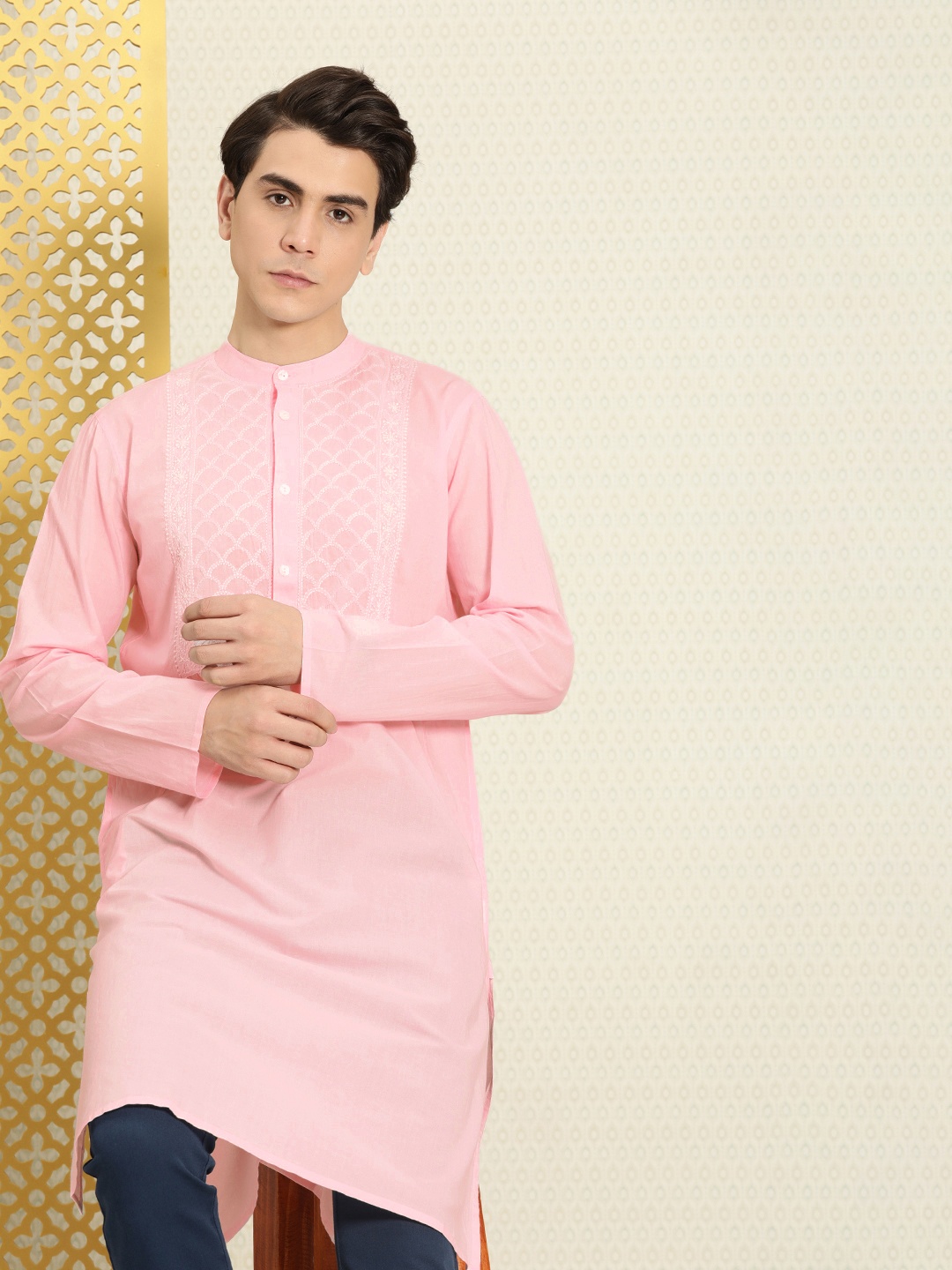 

House of Pataudi Men Chikankari Yoke Design Pastels Pure Cotton Rozana Kurta, Pink