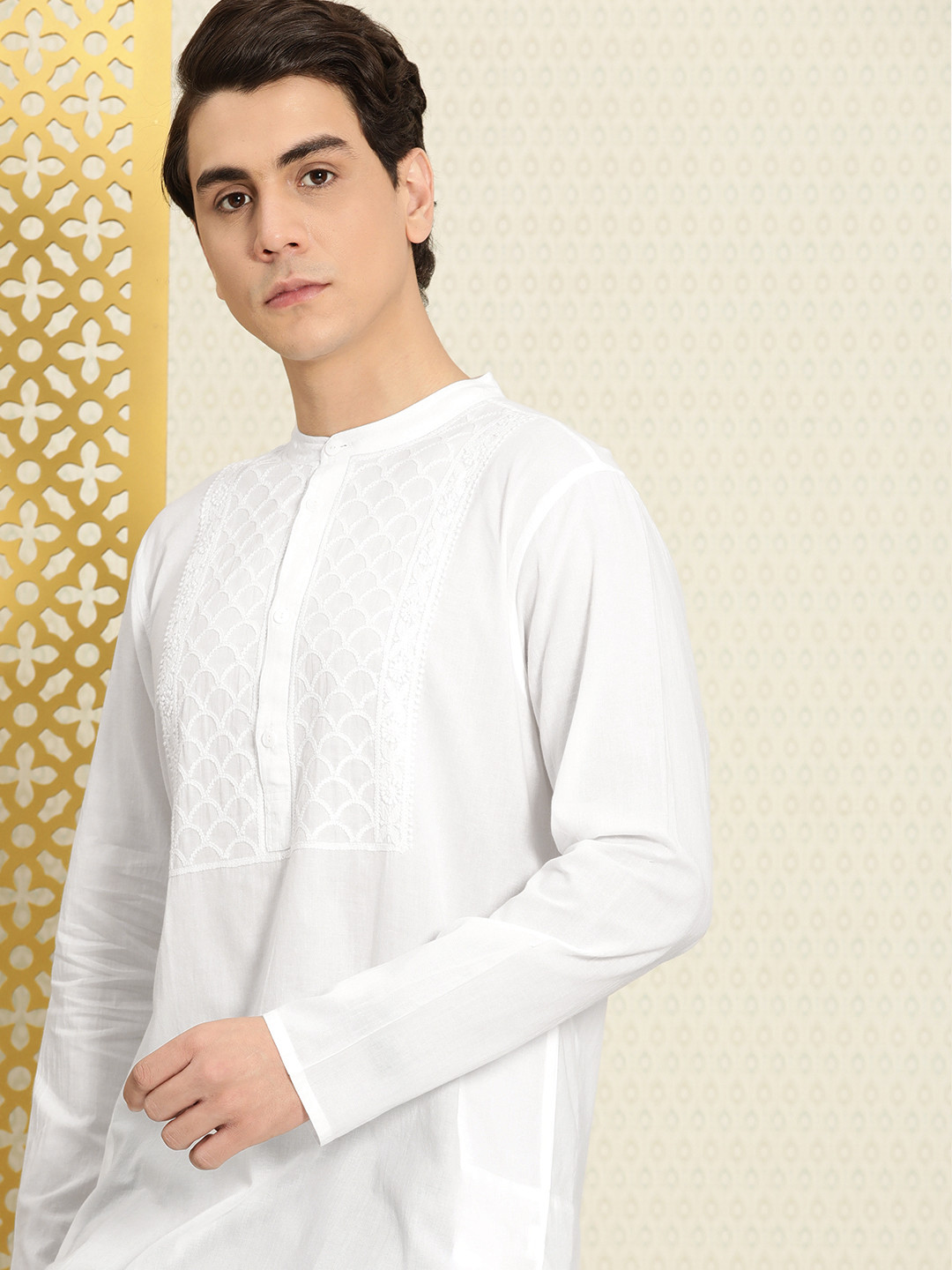 

House of Pataudi Men Chikankari Yoke Design Pure Cotton Rozana Kurta, White
