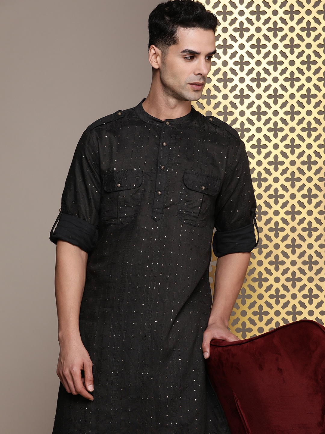 

House of Pataudi Embellished Sequined Rozana Kurta, Black