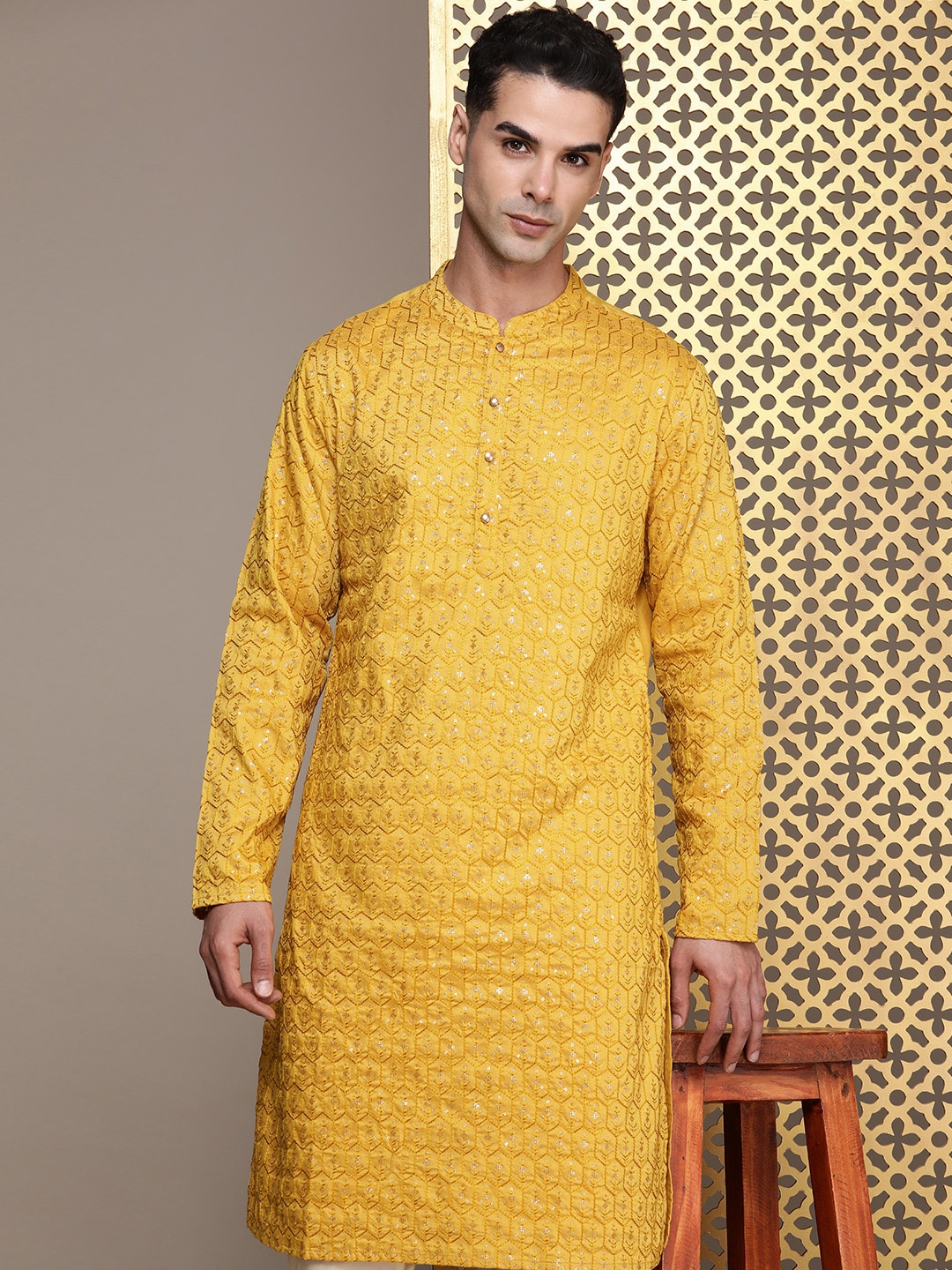 

House of Pataudi Embellished Sequined Rozana Kurta, Mustard