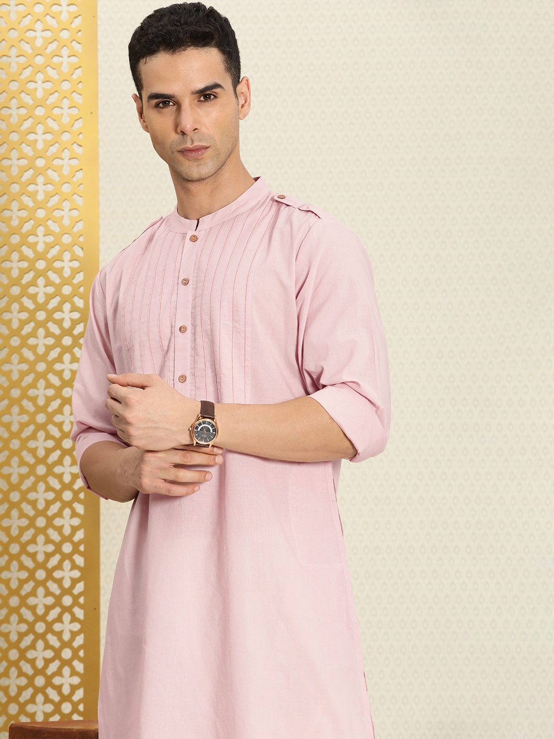 

House of Pataudi Rozana Mandarin Collar Pure Cotton Kurta, Pink