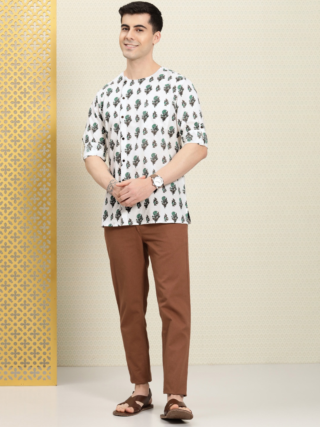 

House of Pataudi Men Floral Printed Pure Cotton Rozana Kurta, White