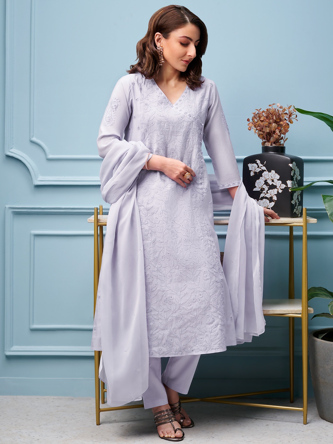 

House of Pataudi Embroidered Angrakha Pure Cotton Jashn Kurta with Trousers & Dupatta, Blue