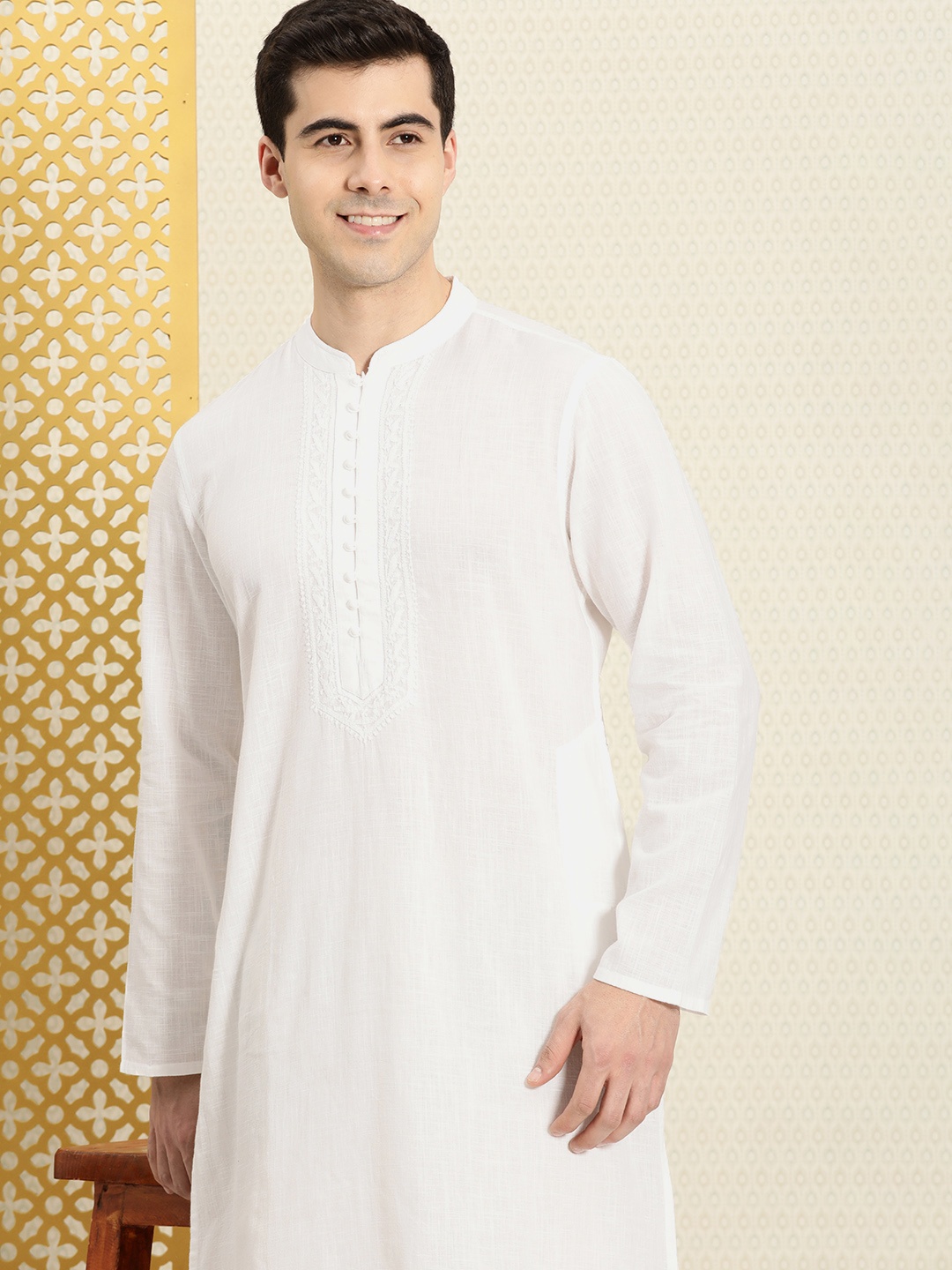 

House of Pataudi Men Chikankari Yoke Design Pure Cotton Rozana Kurta, White