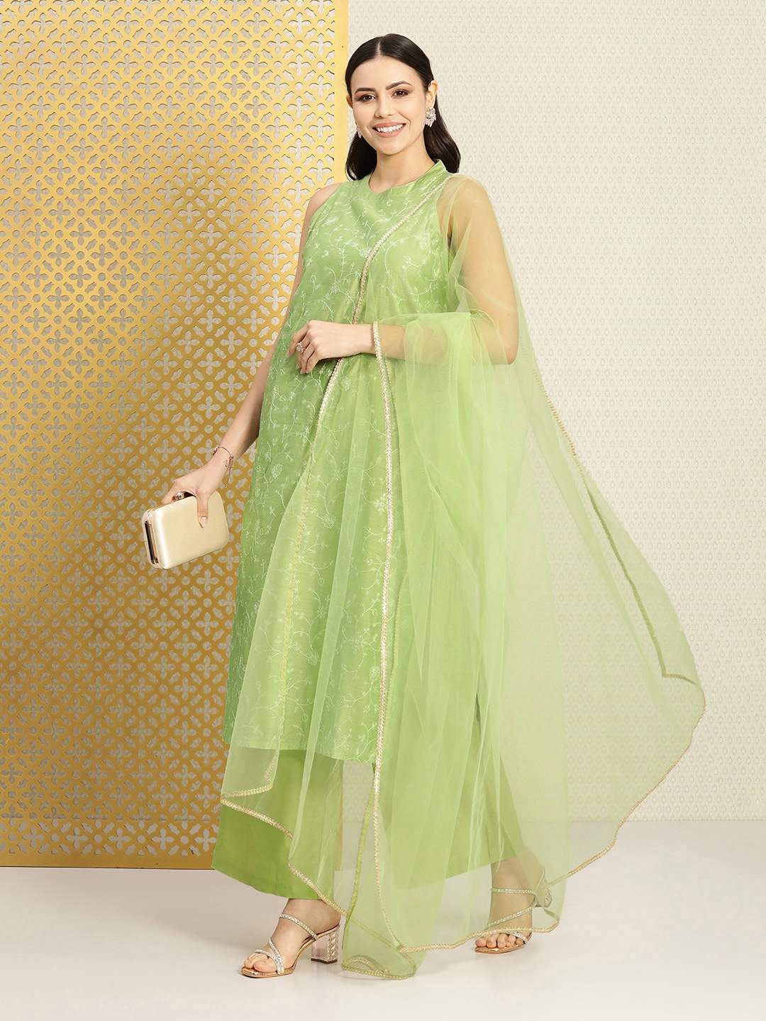 

House of Pataudi Ethnic Motifs Embroidered Jashn Sequinned Kurta with Palazzos & Dupatta, Olive