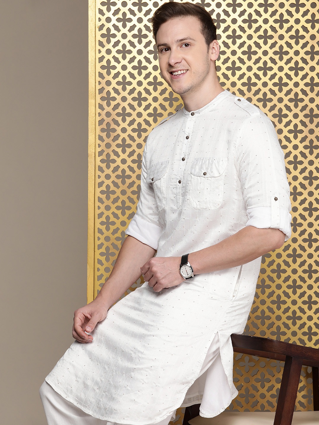

House of Pataudi Ethnic Motifs Embroidered Sequinned Pathani Rozana Kurta, White