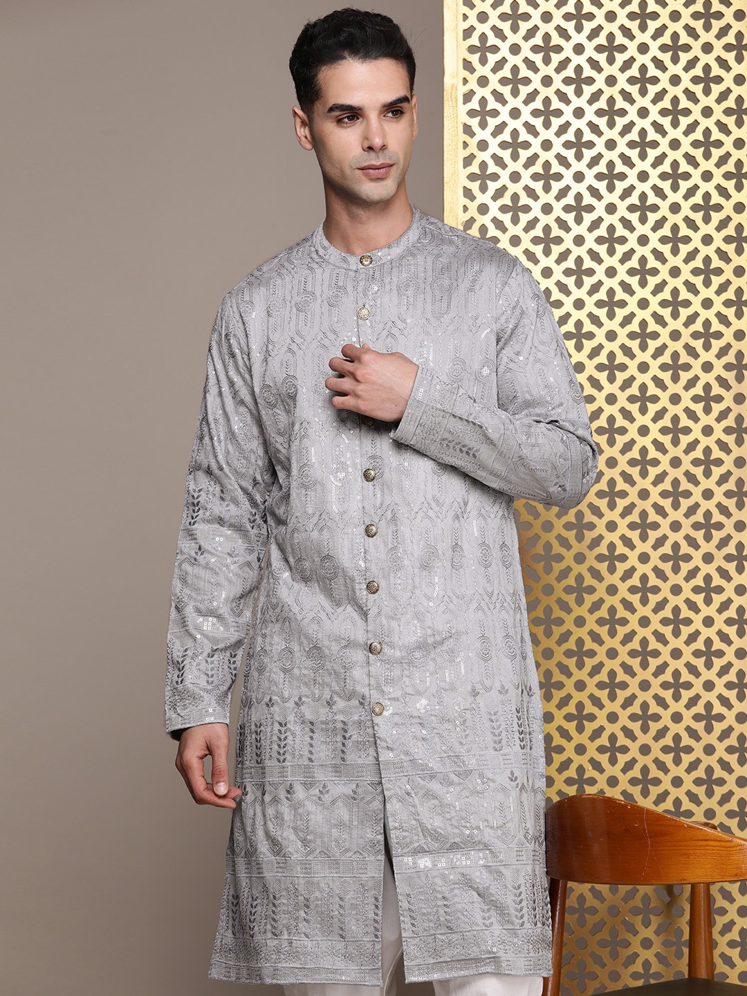 

House of Pataudi Ethnic Motifs Embroidered Sequinned Rozana Kurta, Grey