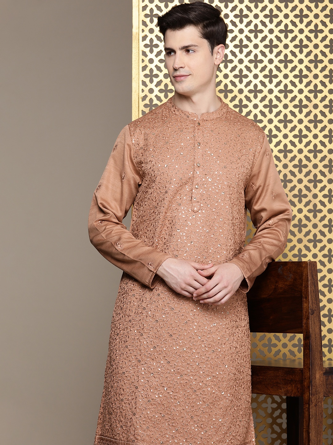 

House of Pataudi Embellished Sequined Jashn Kurta, Brown