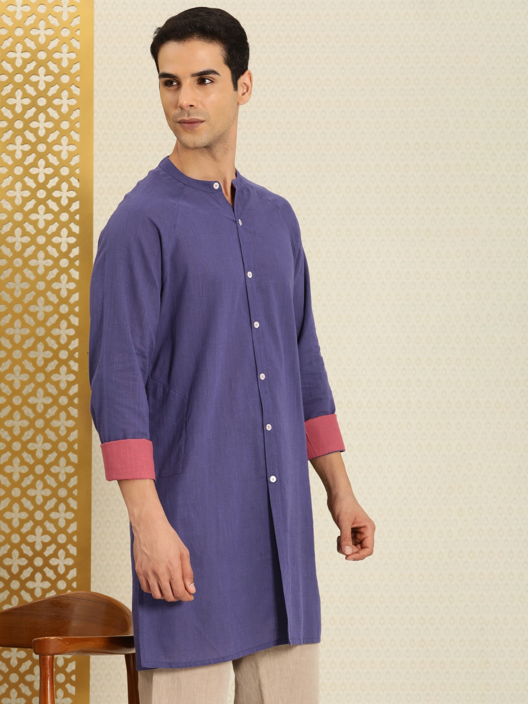 

House of Pataudi Solid Band Collar Rozana Kurta, Navy blue