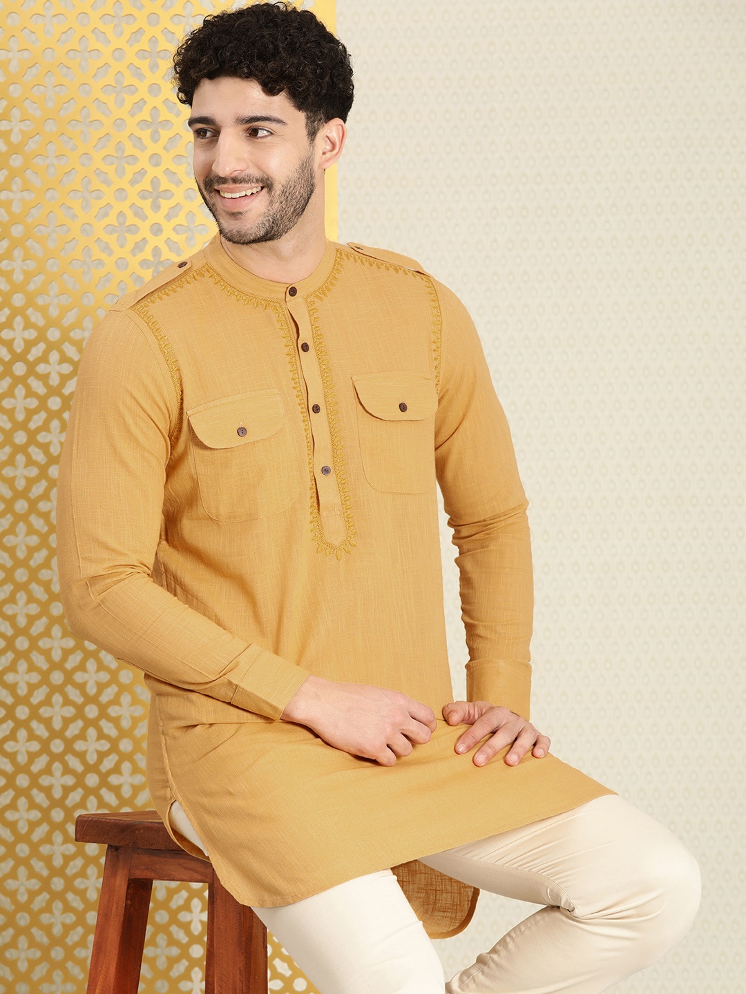 

House of Pataudi Jashn Pure Cotton Embroidered Thread Work Pathani Kurta, Yellow