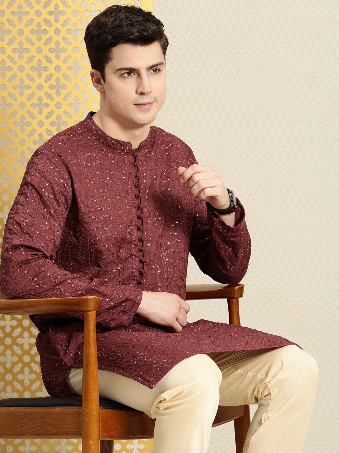 

House of Pataudi Jashn Ethnic Motifs Embroidered Sequinned Kurta, Burgundy