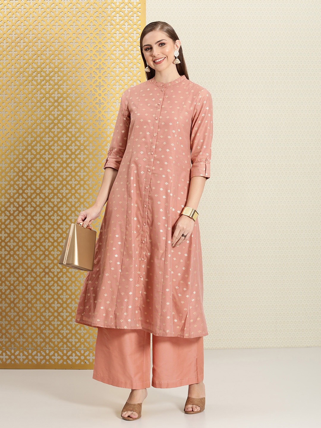 

House of Pataudi Women Jashn Ethnic Motifs Zari Work Kurta with Palazzos, Mauve