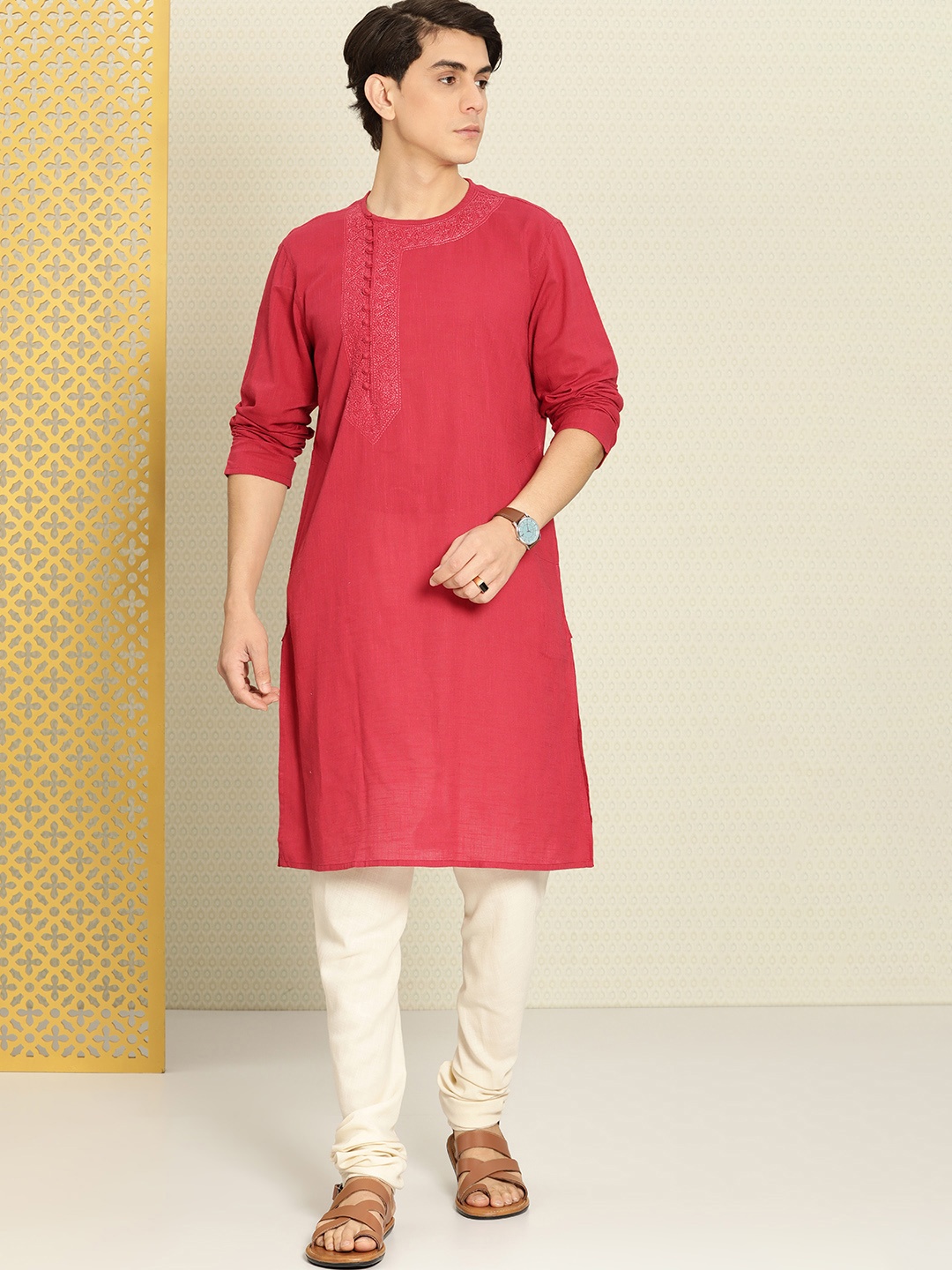 

House of Pataudi Pure Cotton Chikankari Yoke Design Thread Work Rozana Kurta, Red