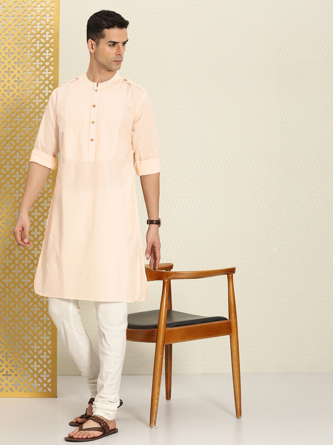 

House of Pataudi Rozana Mandarin Collar Pure Cotton Kurta, Beige