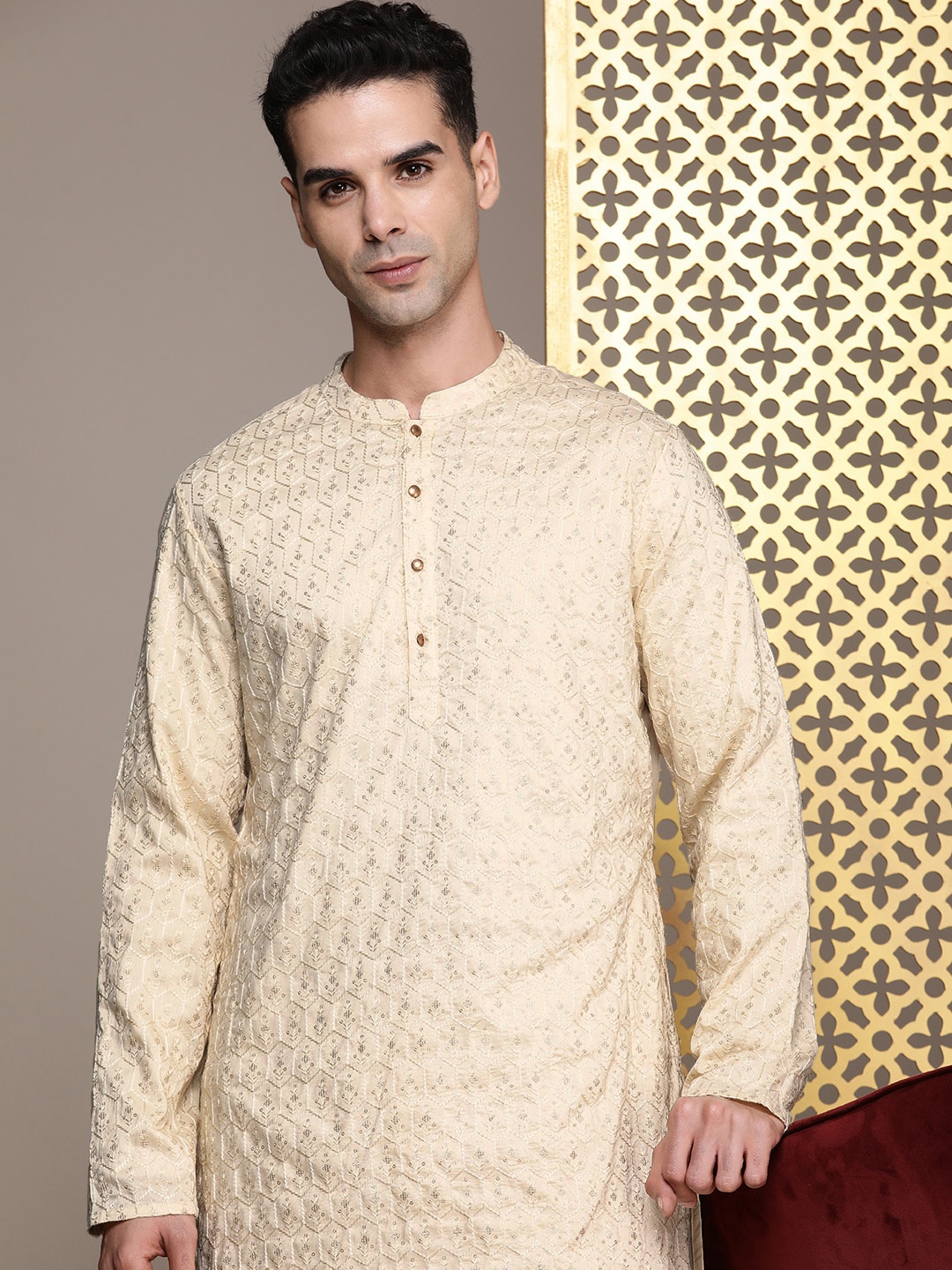 

House of Pataudi Embellished Sequined Rozana Kurta, Cream
