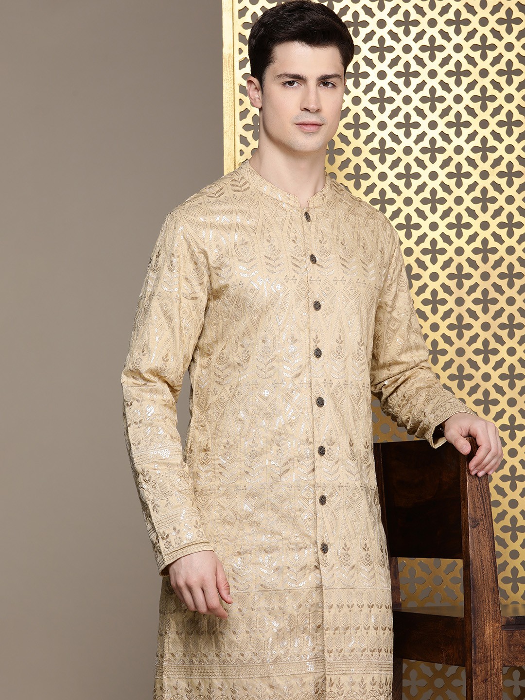 

House of Pataudi Ethnic Motifs Embroidered Sequinned Jashn Kurta, Beige