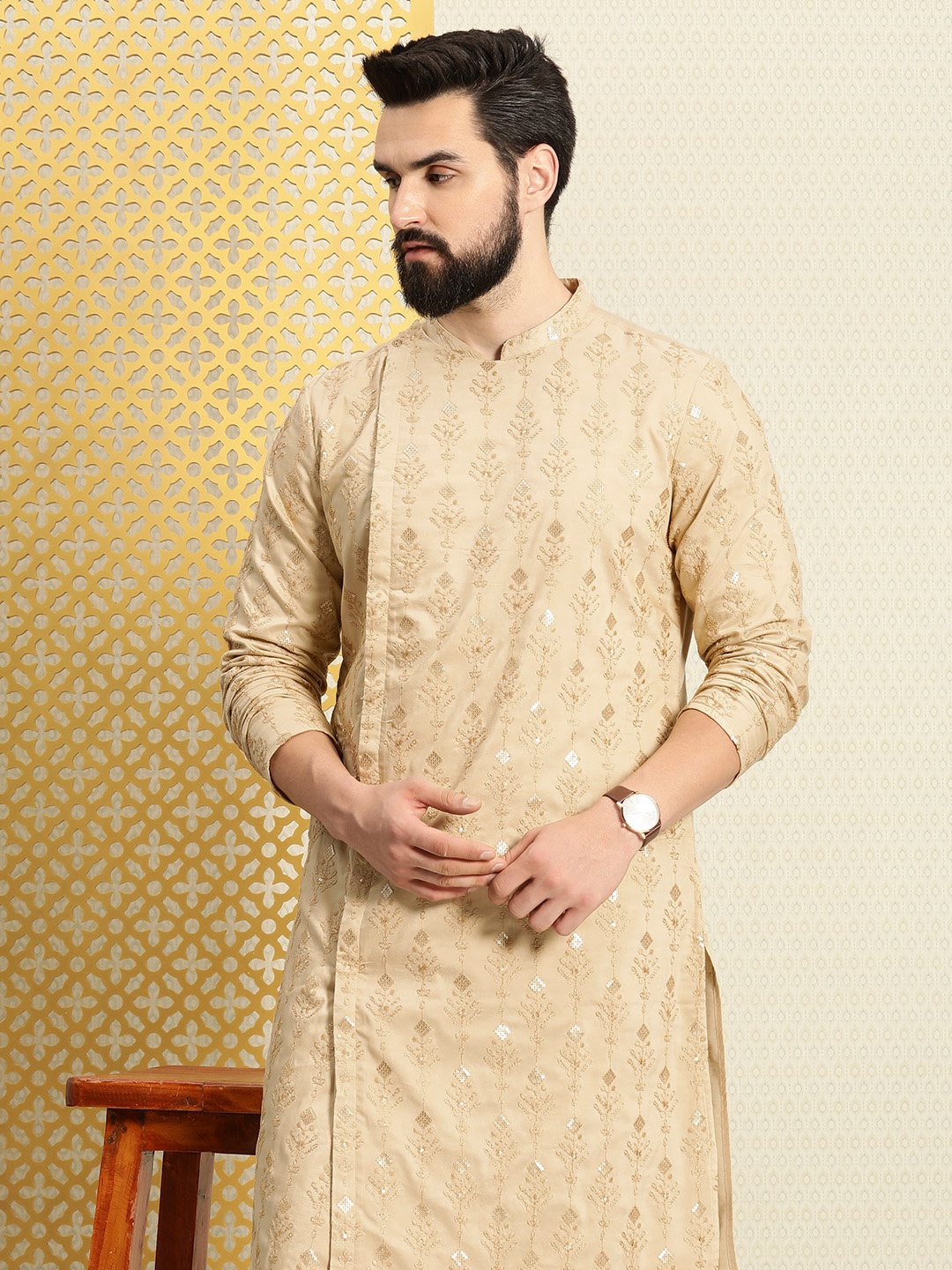 

House of Pataudi Men Embroidered Angrakha Sequinned Jashn Kurta with Trousers, Beige