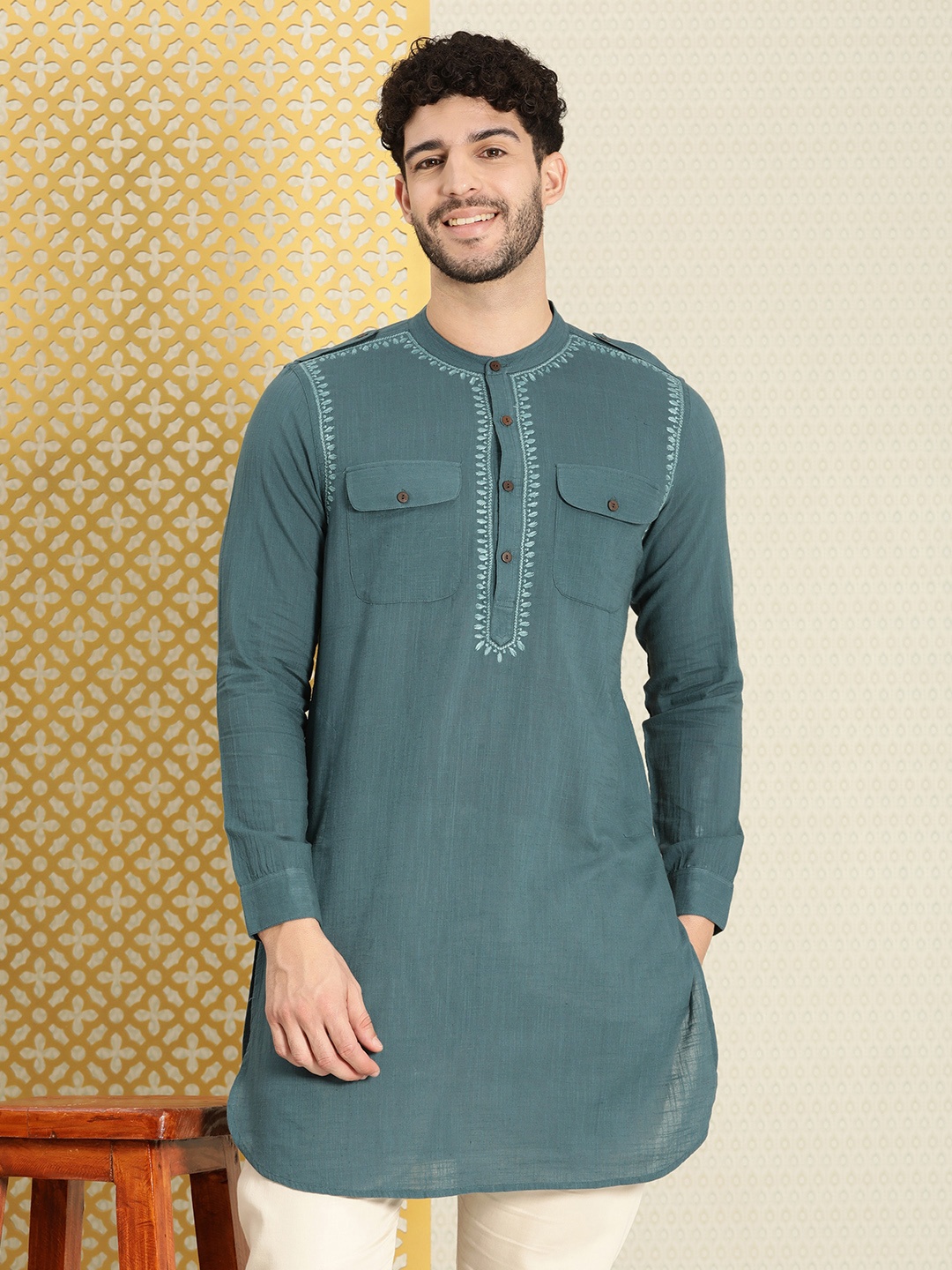 

House of Pataudi Jashn Pure Cotton Embroidered Thread Work Pathani Kurta, Teal