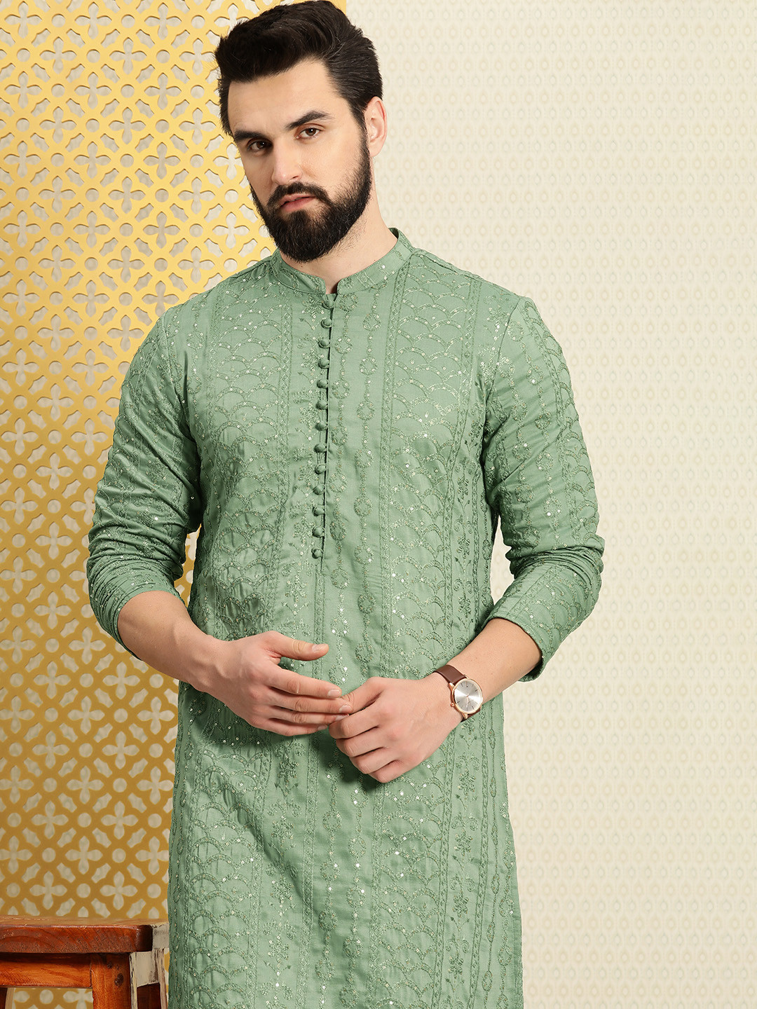 

House of Pataudi Jashn Embroidered Sequinned Straight Kurta, Green