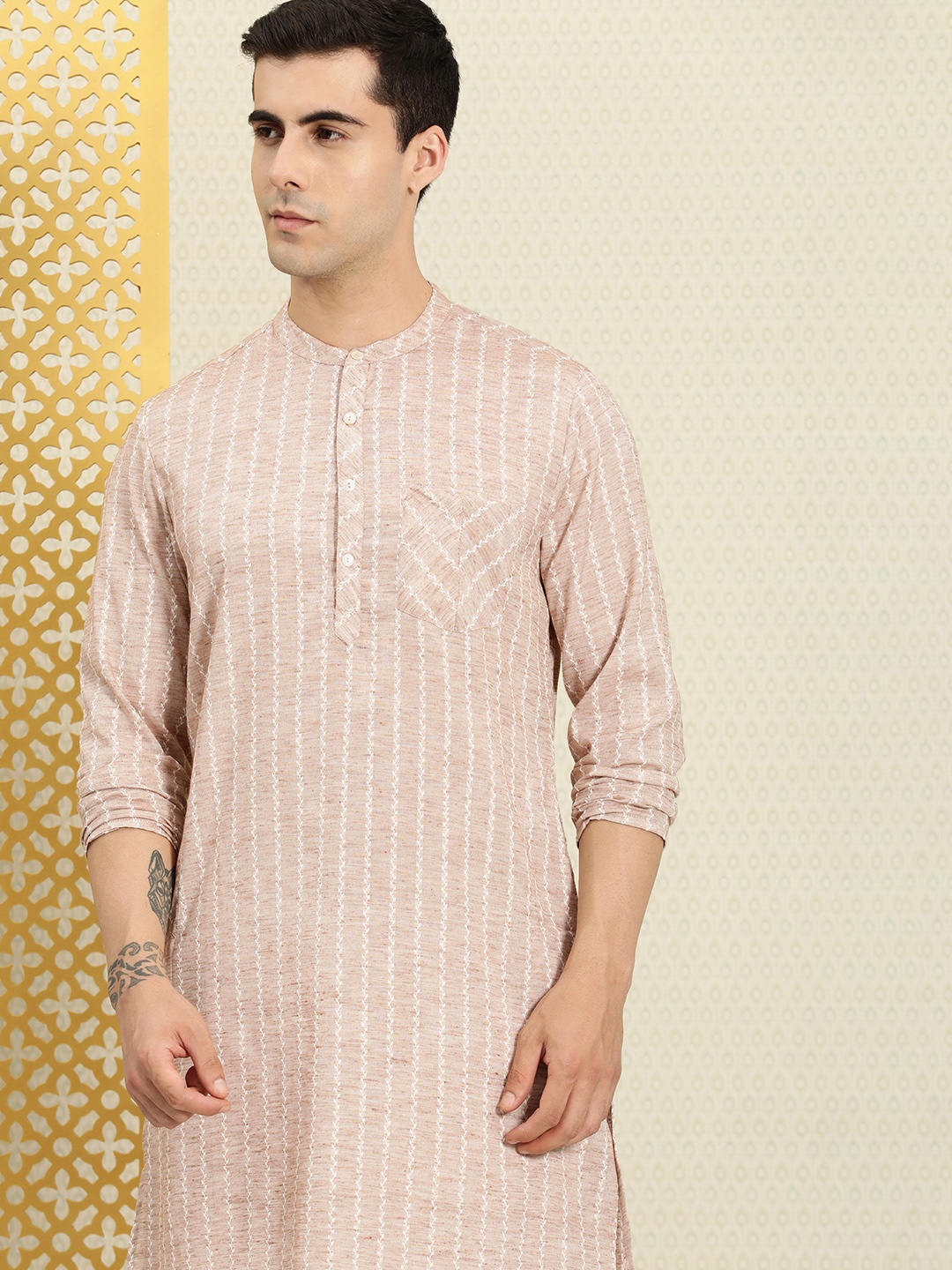 

House of Pataudi Men Woven Design Band Collar Striped Rozana Kurta, Brown