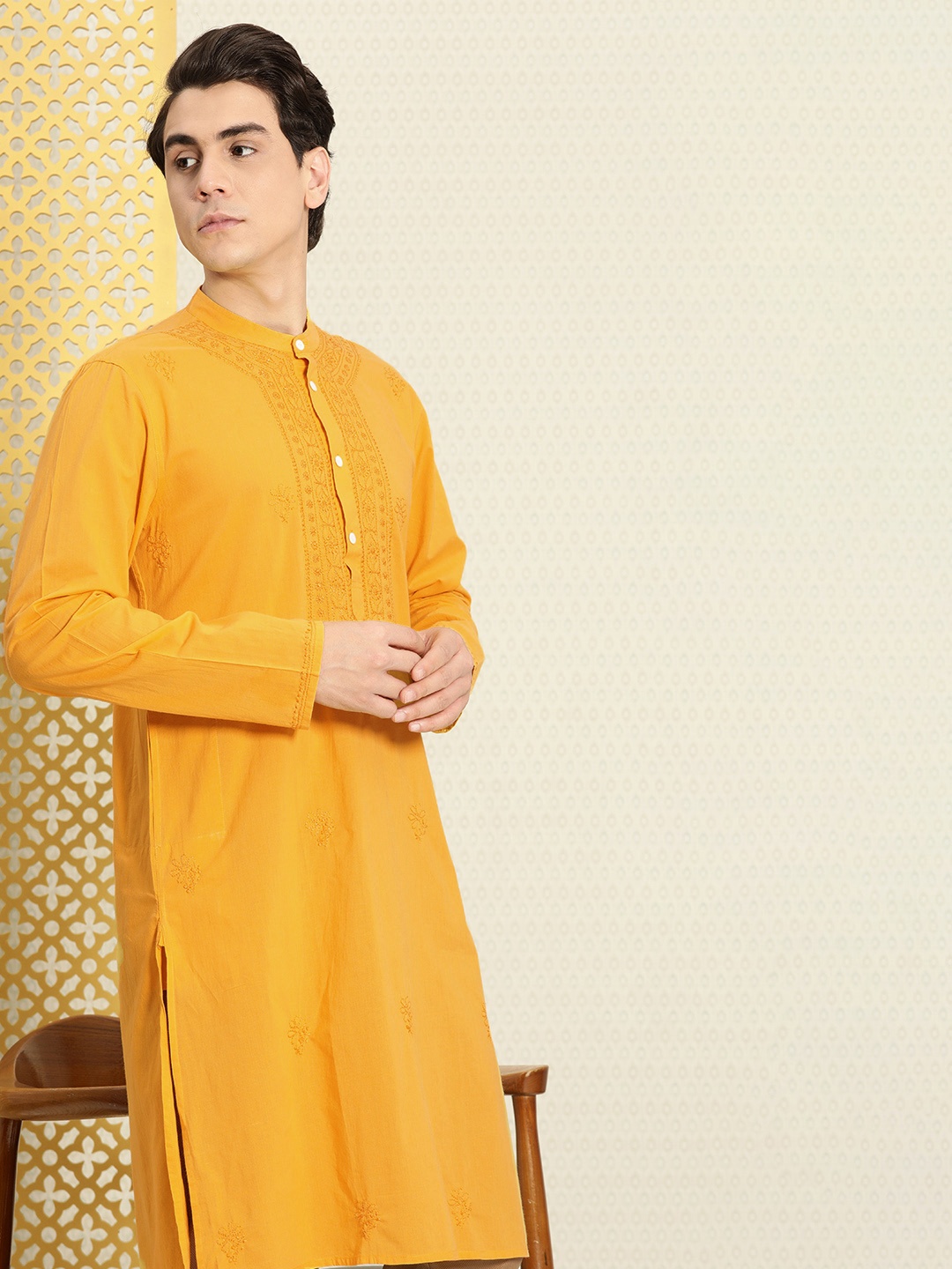 

House of Pataudi Men Chikankari Yoke Design Pure Cotton Rozana Kurta, Yellow