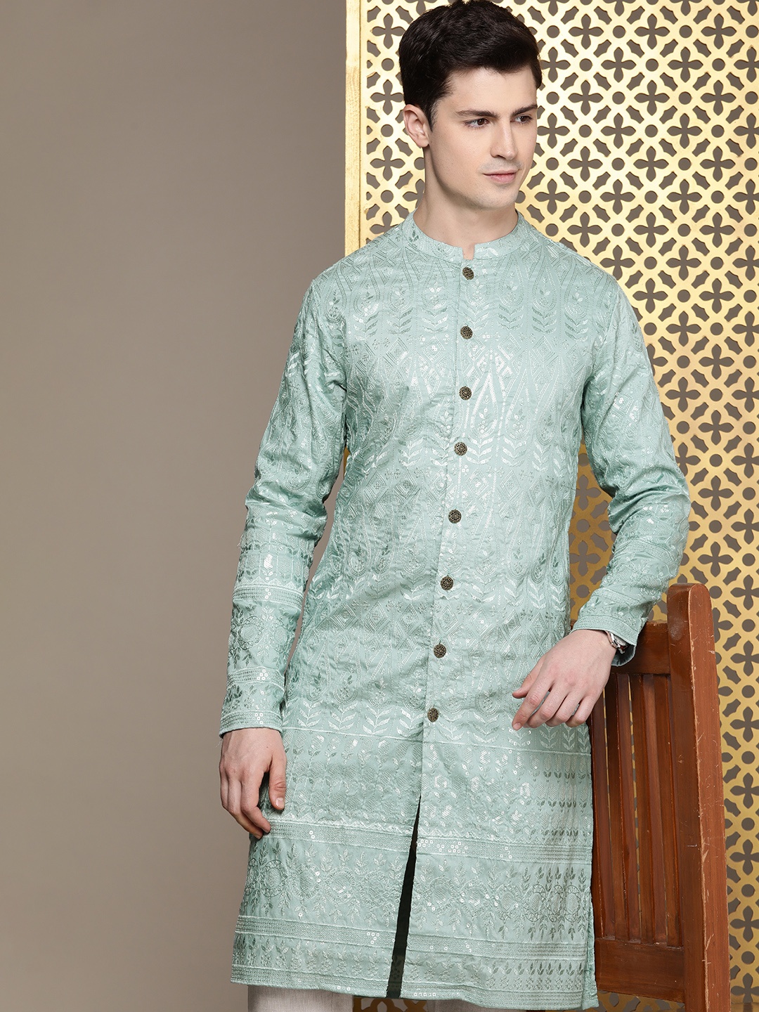 

House of Pataudi Embellished Sequined Jashn Kurta, Sea green