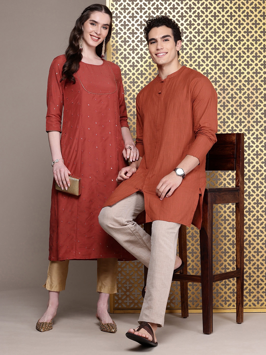 

House of Pataudi Men Pure Cotton Solid Straight Mandarin Collar Rozana Kurta, Rust