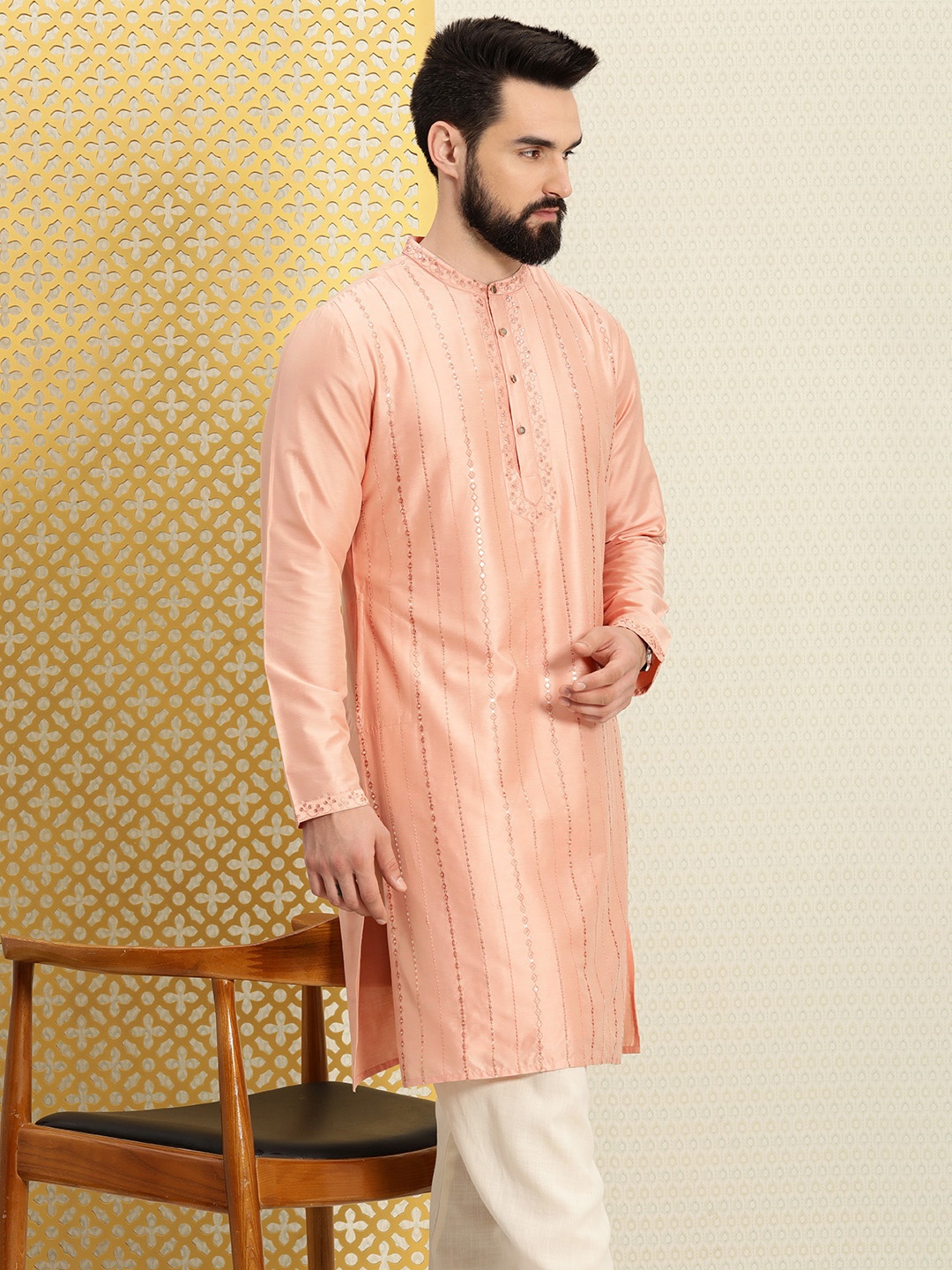 

House of Pataudi Men Embroidered Sequinned Pastels Jashn Kurta, Peach
