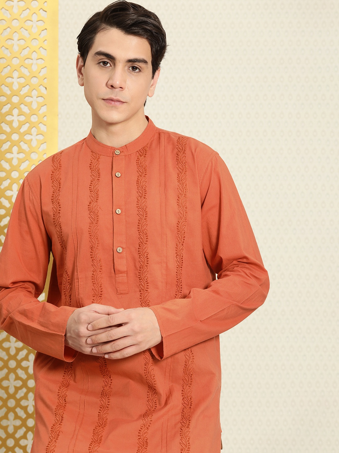 

House of Pataudi Men Ethnic Motifs Chikankari Embroidered Pure Cotton Rozana Kurta, Rust