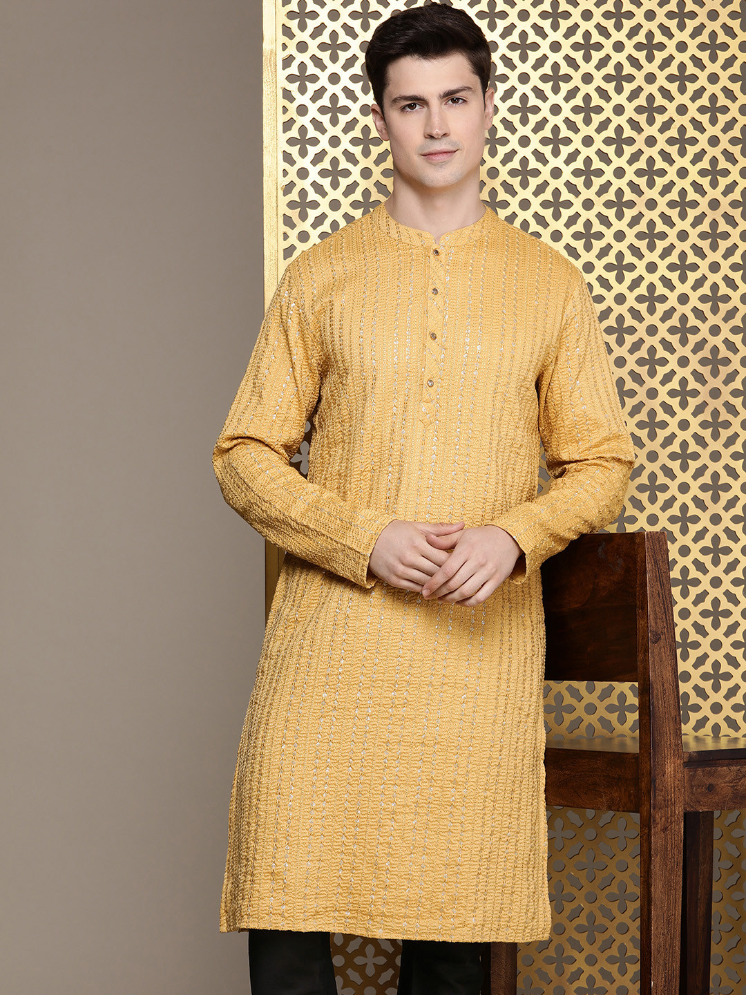 

House of Pataudi Ethnic Motifs Embroidered Regular Sequinned Jashn Kurta with Churidar, Mustard