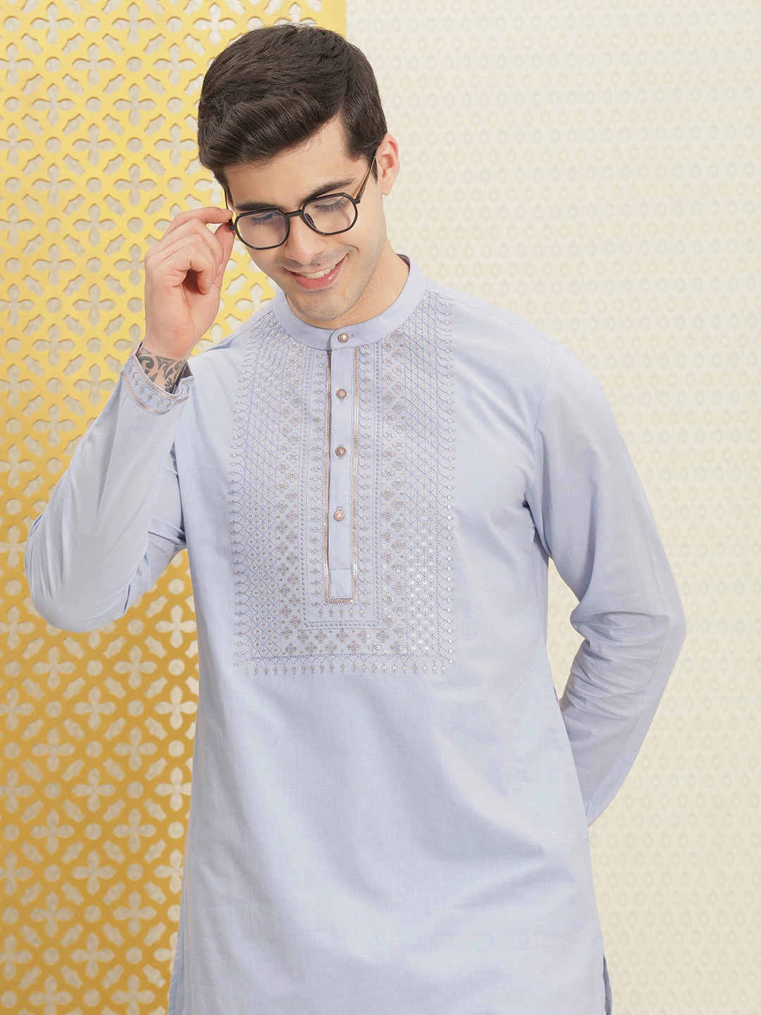 

House of Pataudi Jashn Pure Cotton Yoke Design Sequinned Kurta, Blue
