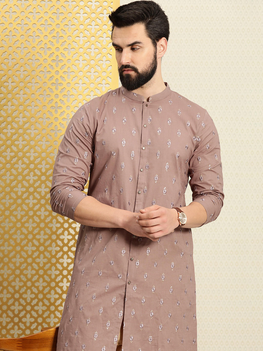 

House of Pataudi Jashn Mandarin Collar Sequinned Pure Cotton Straight Kurta, Mauve