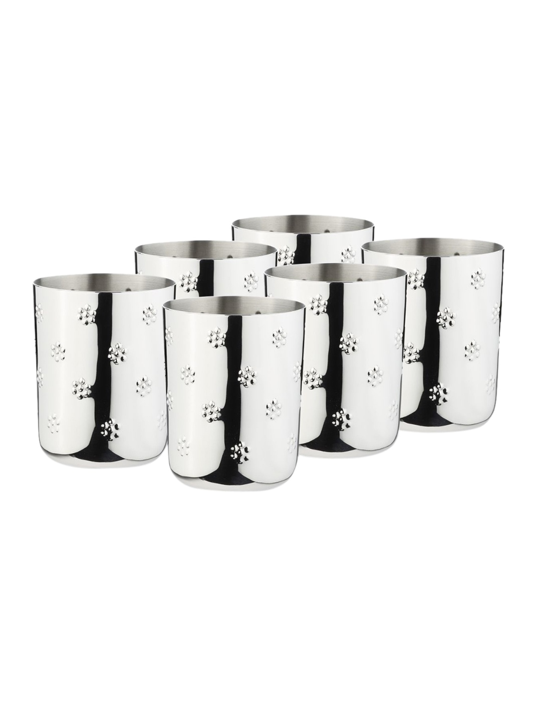 

ARTTDINOX Set Of 6 Silver Toned Polka Flower Textured Tumblers, Steel