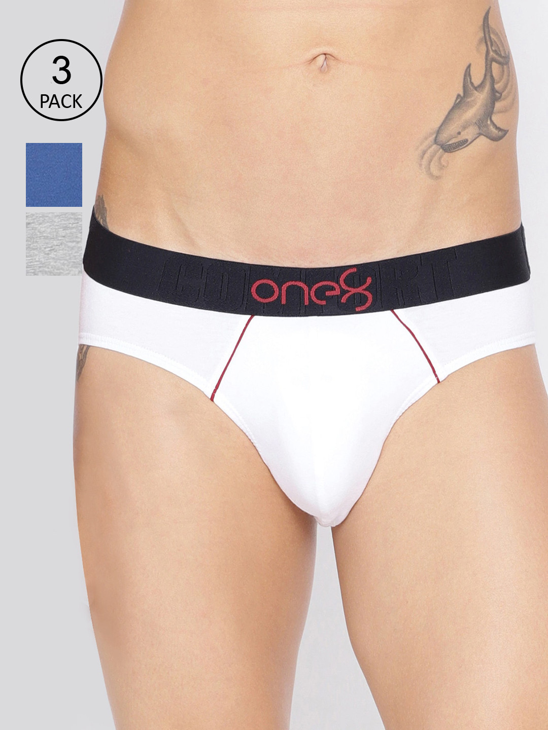 

one8 by Virat Kohli Men Pack Of 3 Solid Basic Briefs 102-PO3-WHITE/ROYAL BLUE/GREY MELANGE