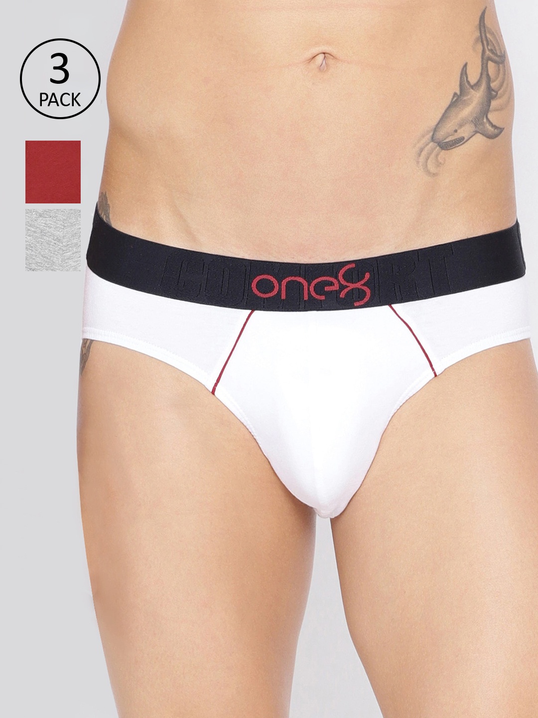 

one8 by Virat Kohli Men Pack Of 3 Solid Basic Briefs 102-PO3-White/Greymel/Maroon, Grey melange