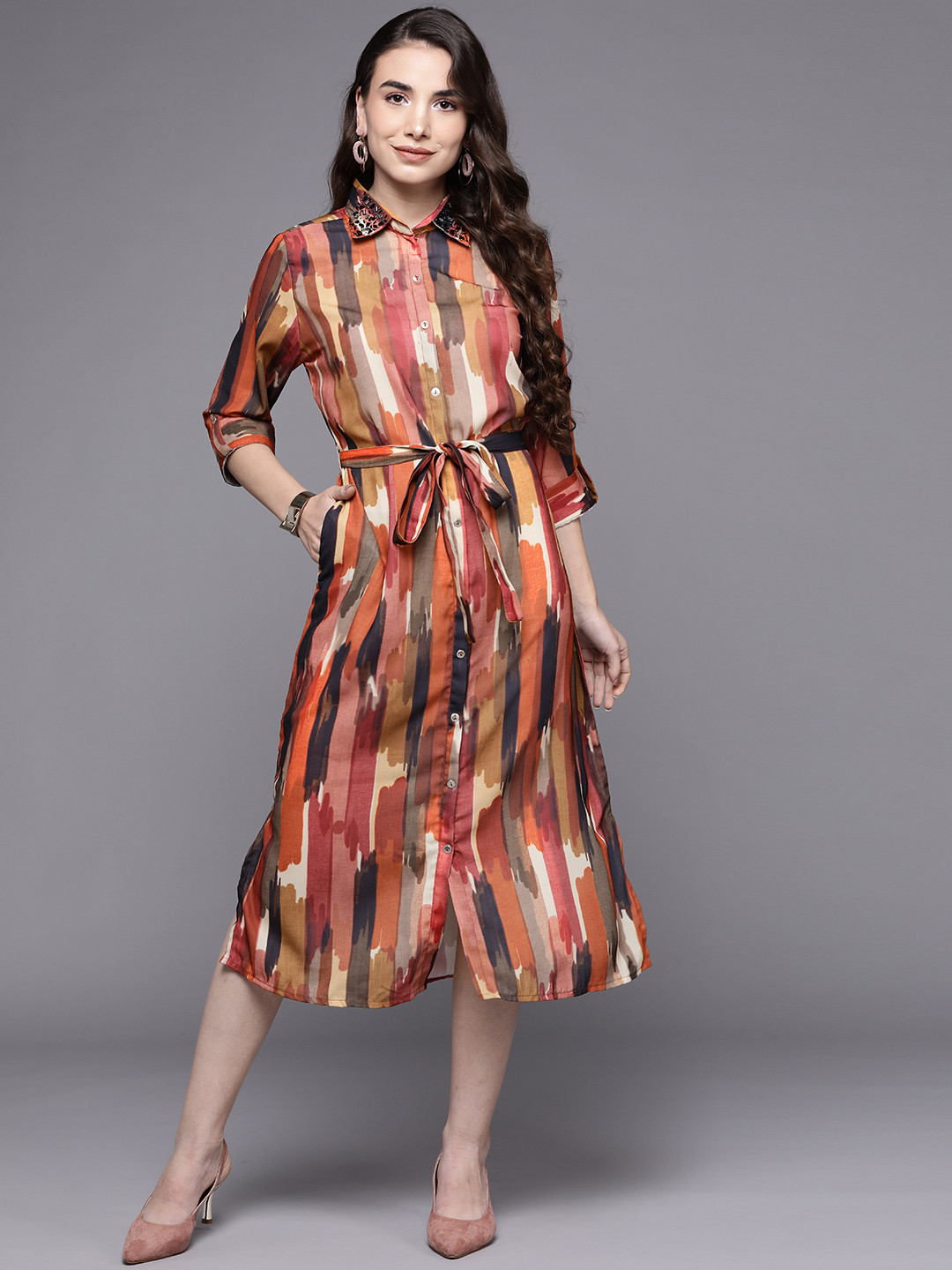 

Indo Era Multicoloured Satin Shirt Midi Dress, Multi