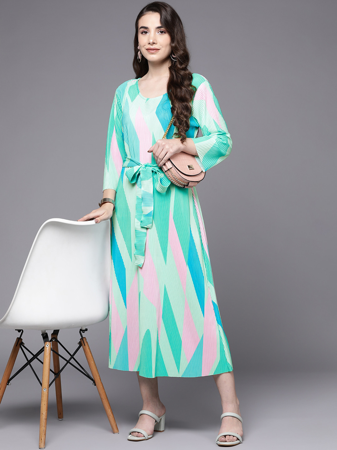 

Indo Era Blue Satin A-Line Midi Dress