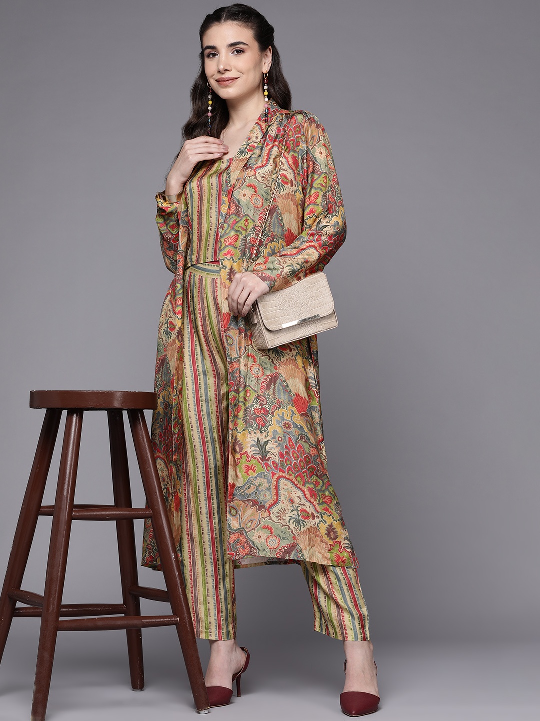 

Indo Era Women Multicoloured Printed Top & Trousers With Shrug, Multi