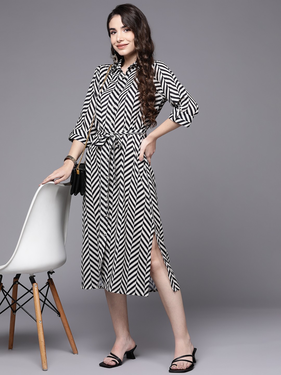 

Indo Era Black & White Striped Satin Shirt Midi Dress